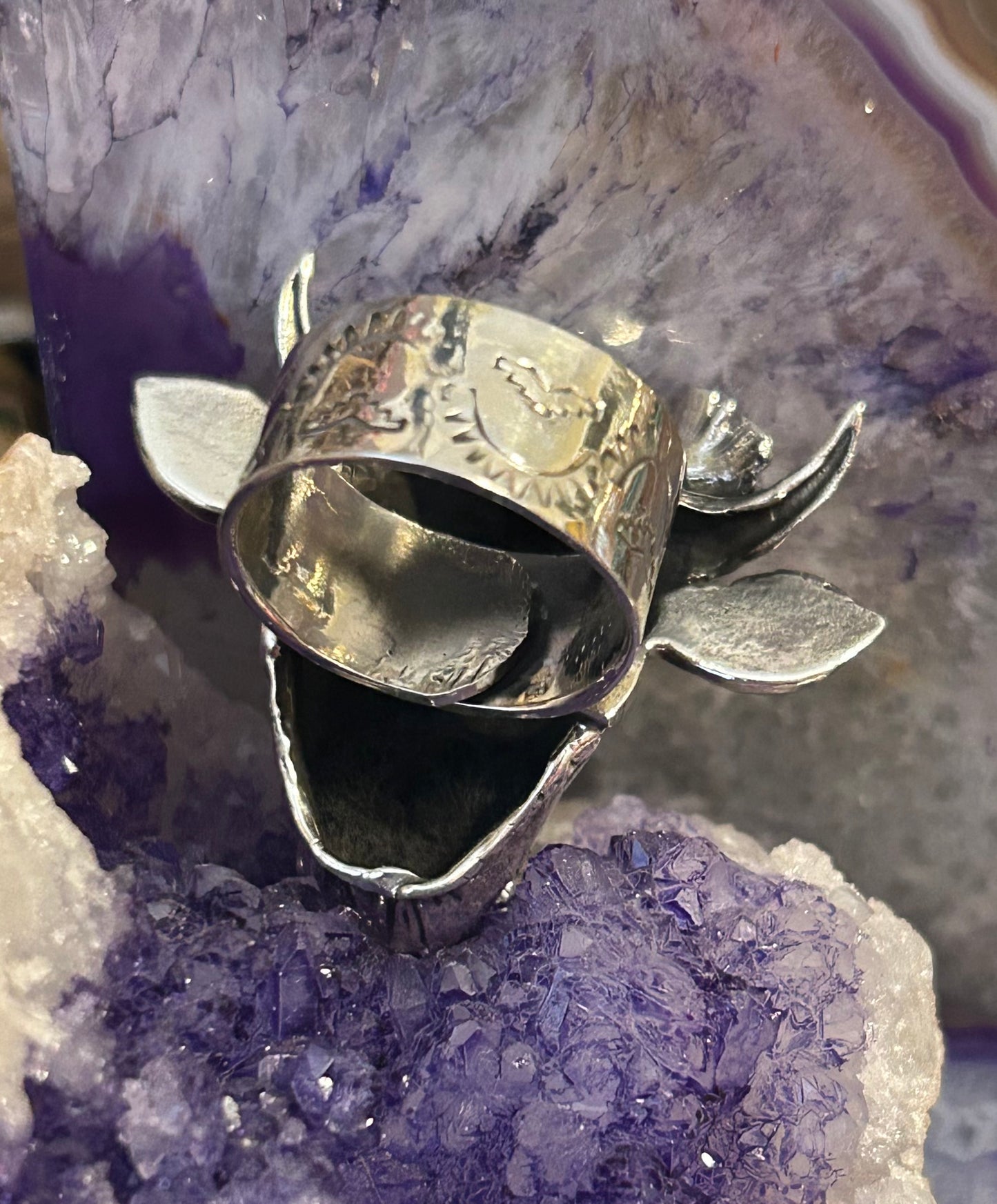 Sterling Silver Taxco Mexico Cow with Flower Crown Adjustable Statement Ring