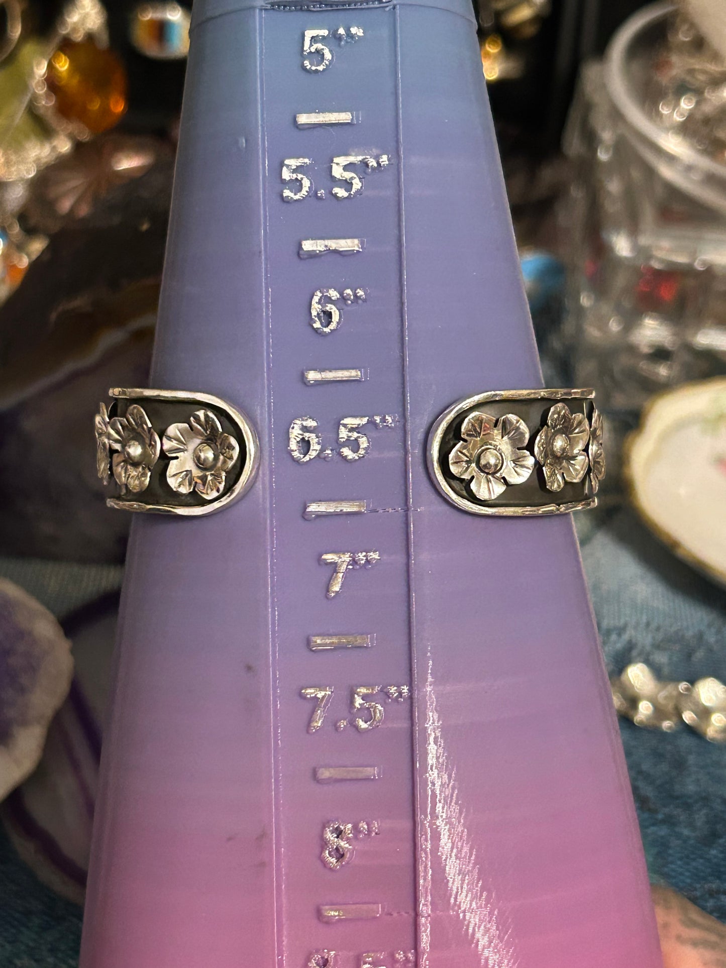 950 Silver Taxco Mexico Day Of The Dead Sugar Skull & Flowers Cuff Bracelet