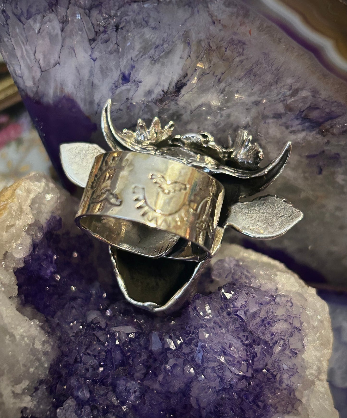 Sterling Silver Taxco Mexico Cow with Flower Crown Adjustable Statement Ring