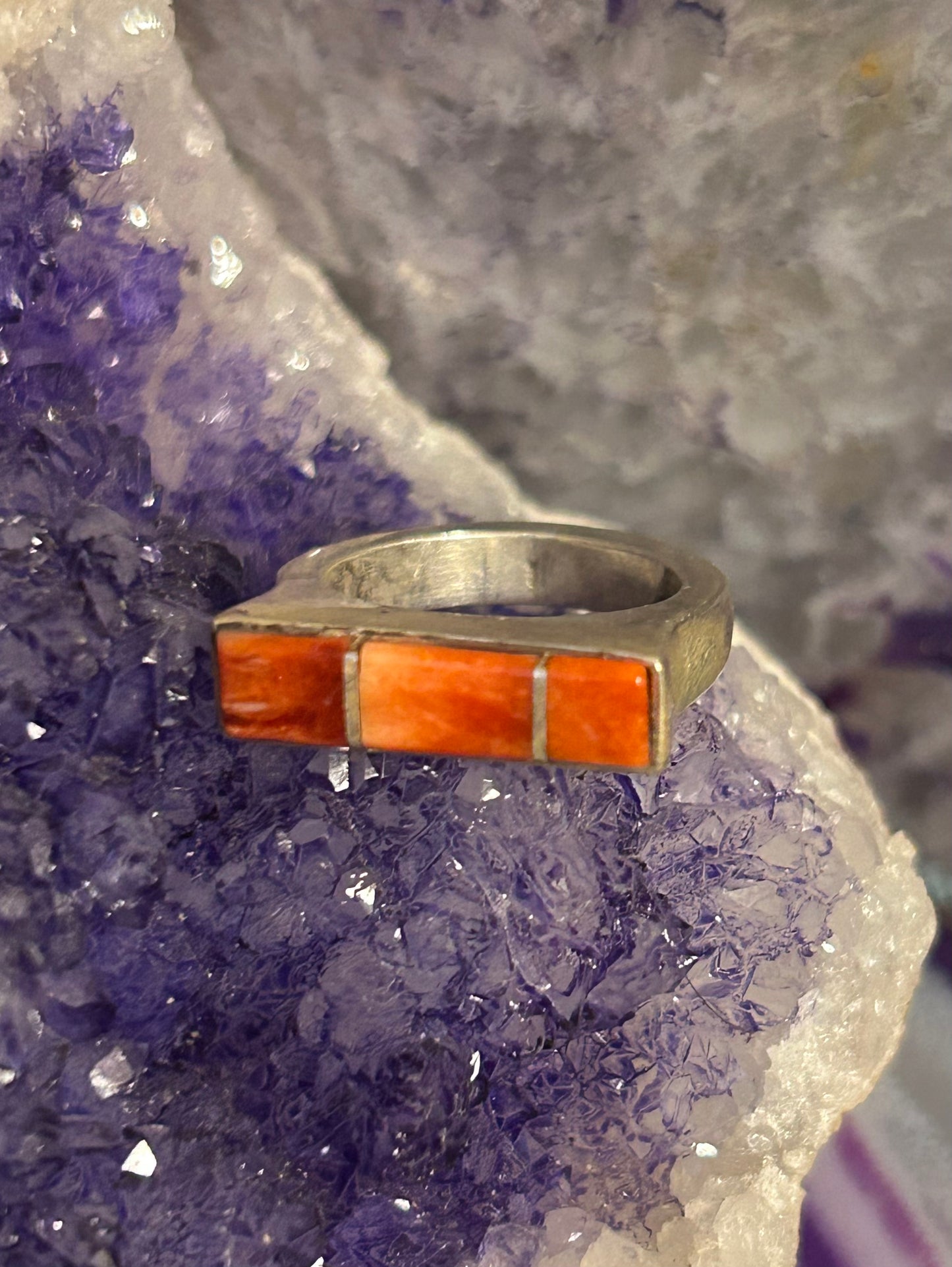 Sterling Silver Spiny Oyster Inlay Signet Shaped Native American Ring Size 4.25