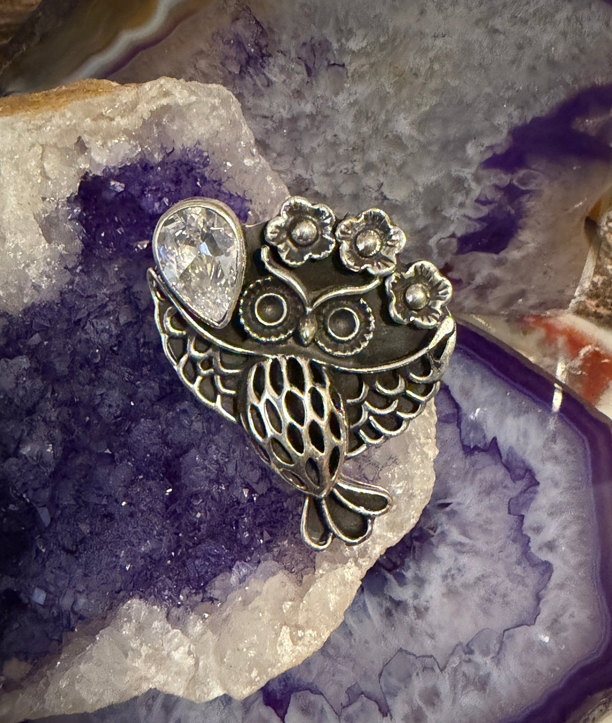Sterling Silver Modern Taxco Mexico Owl Ring w/ Zircon Stone Ring