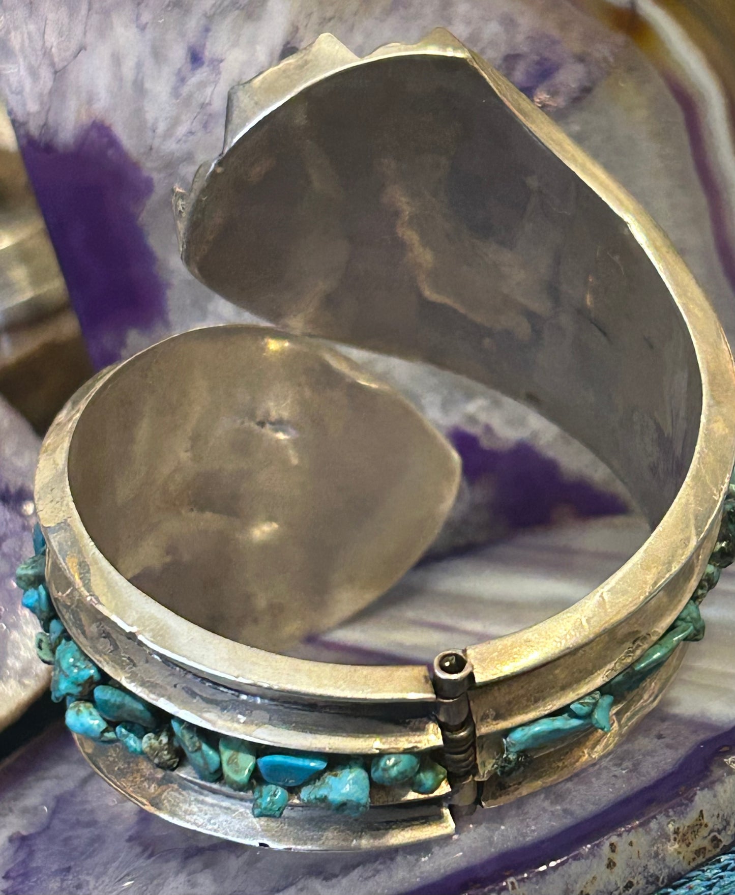 Vintage Sterling Silver Mexico Turquoise & Ball Clamper Hinge Bracelet