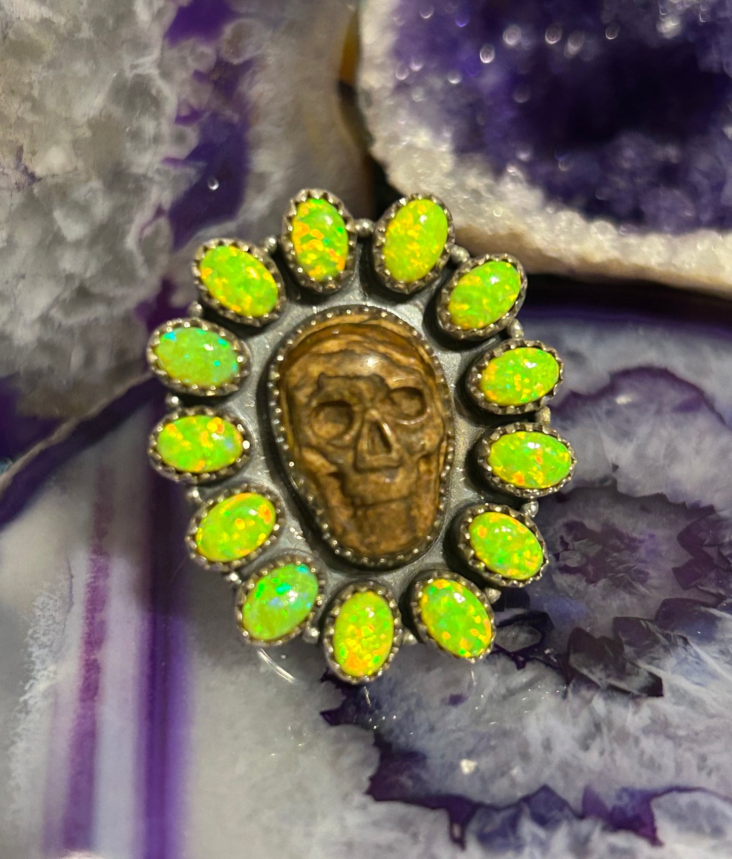Sterling Silver Carved Jasper Skull With Green Opal Large Ring Adjustable