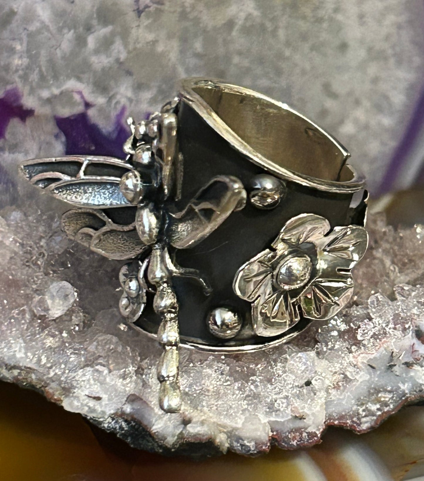 Sterling Silver Taxco Mexico Dragonfly And Flower Statement Ring