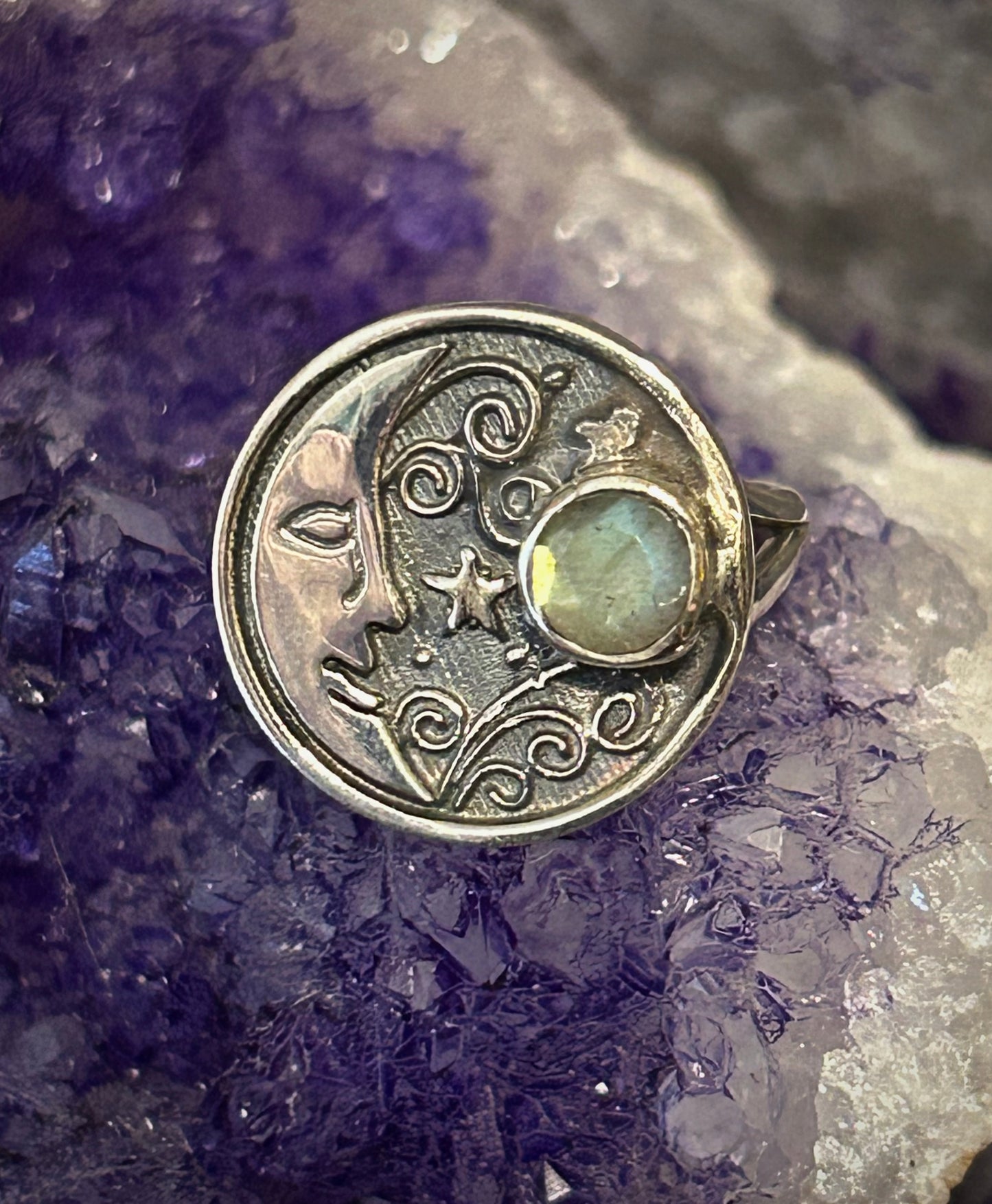 Sterling Silver And Labradorite Celestial Moon Face Ring Size 7