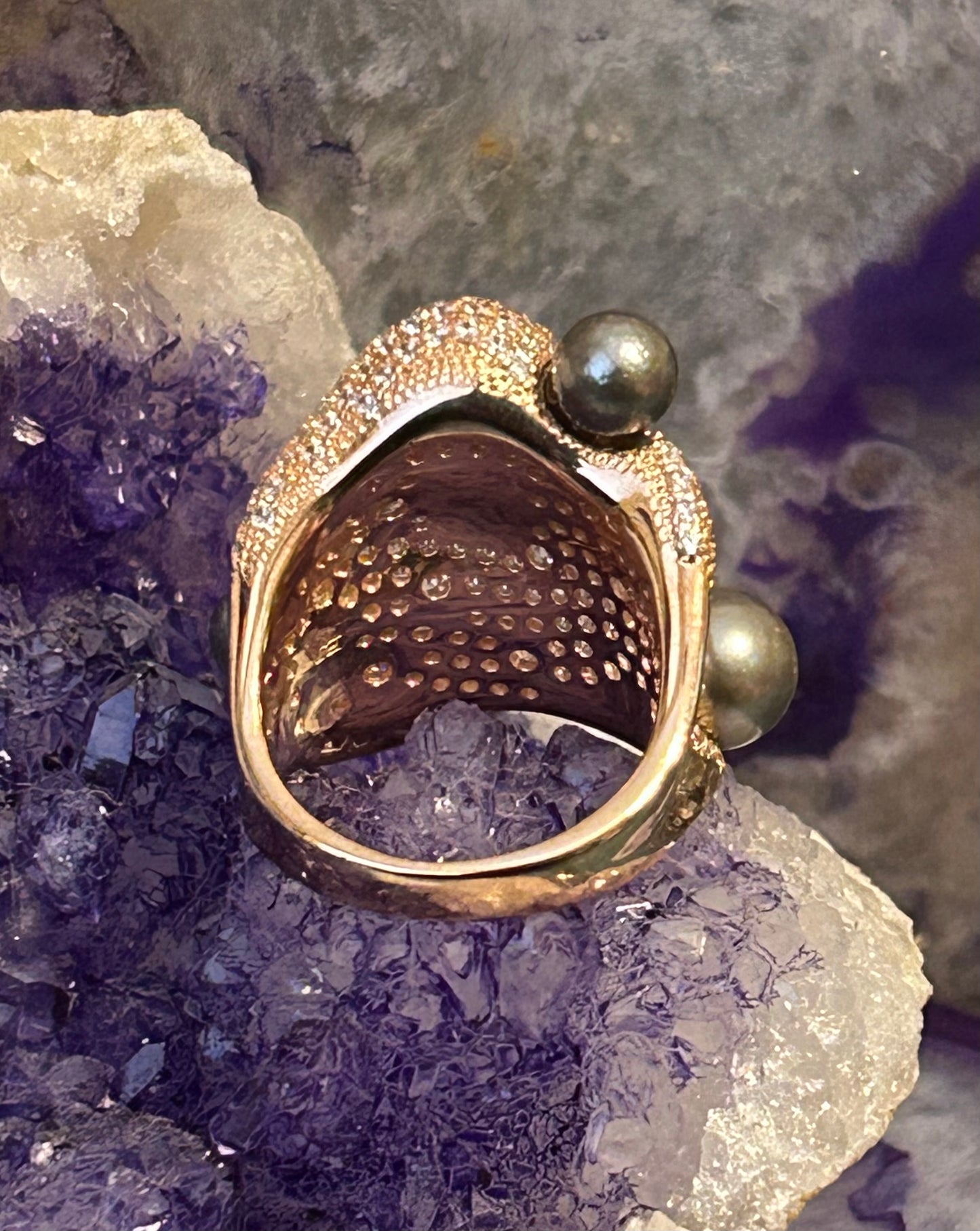 Rose Gold Over Sterling Silver Abstract Ring w/ Tahitian Pearls & Cz Ring Size 7