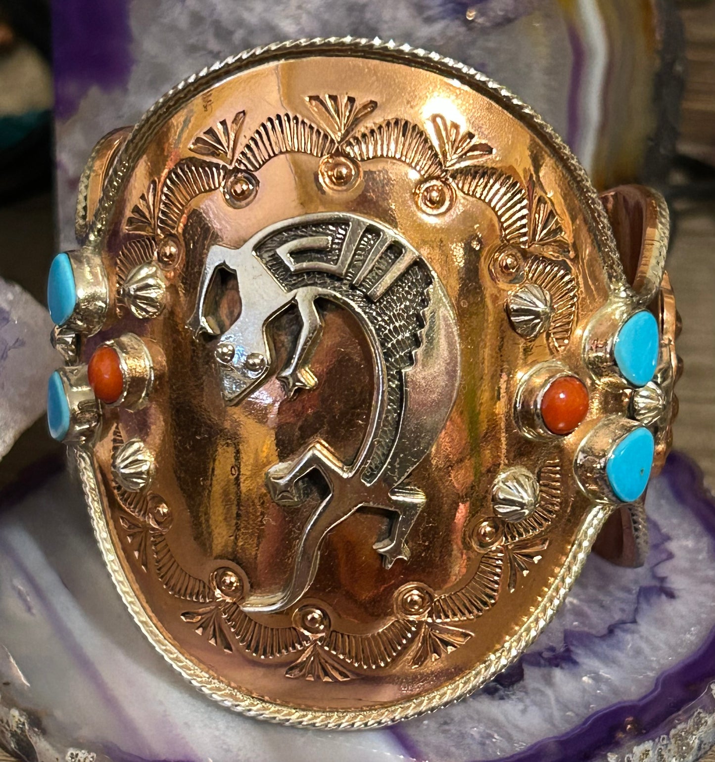 Running Bear Native American Copper & Sterling Silver Gecko/Lizard Cuff Bracelet