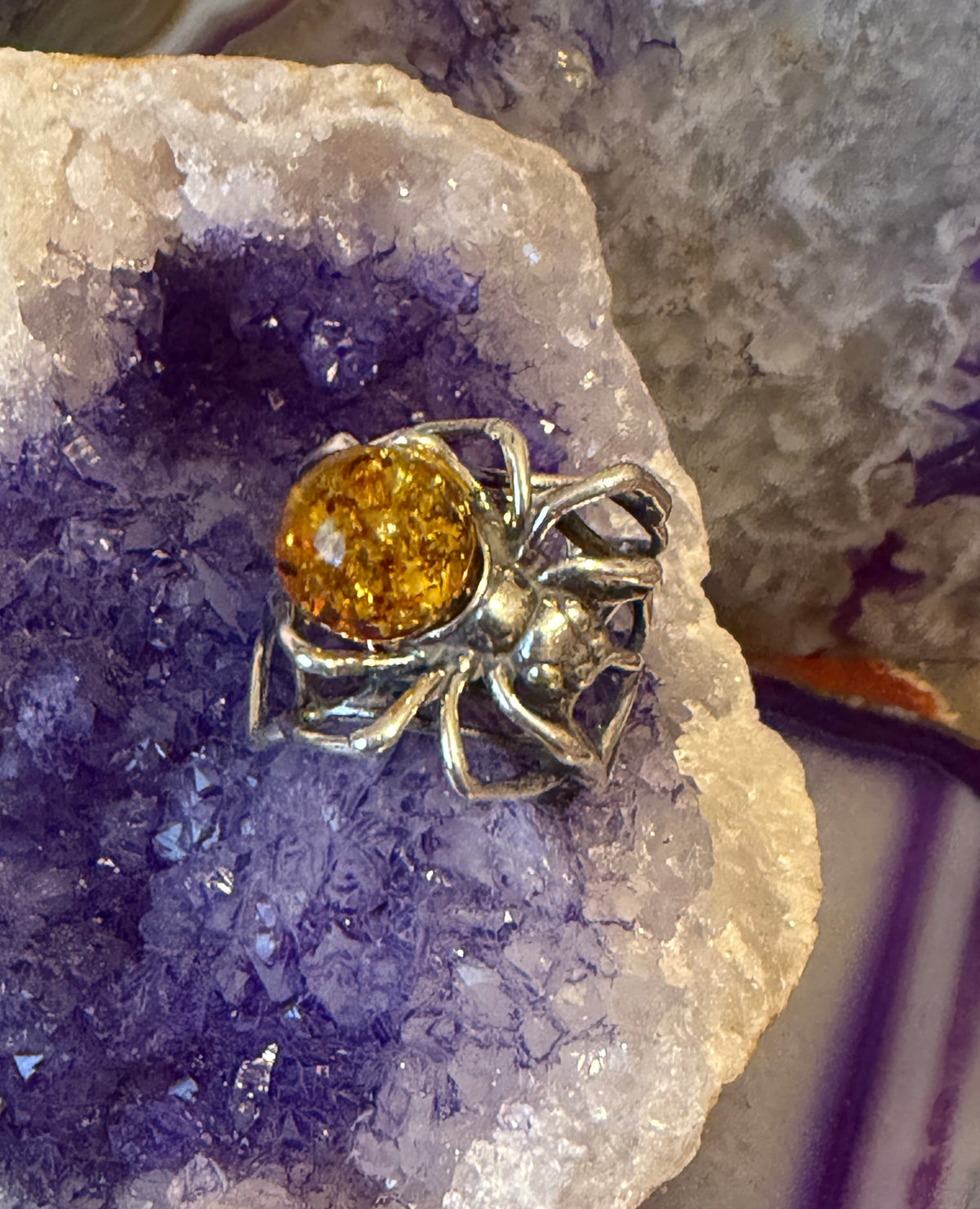 Sterling Silver & Natural Baltic Amber Spider Web Adjustable Ring
