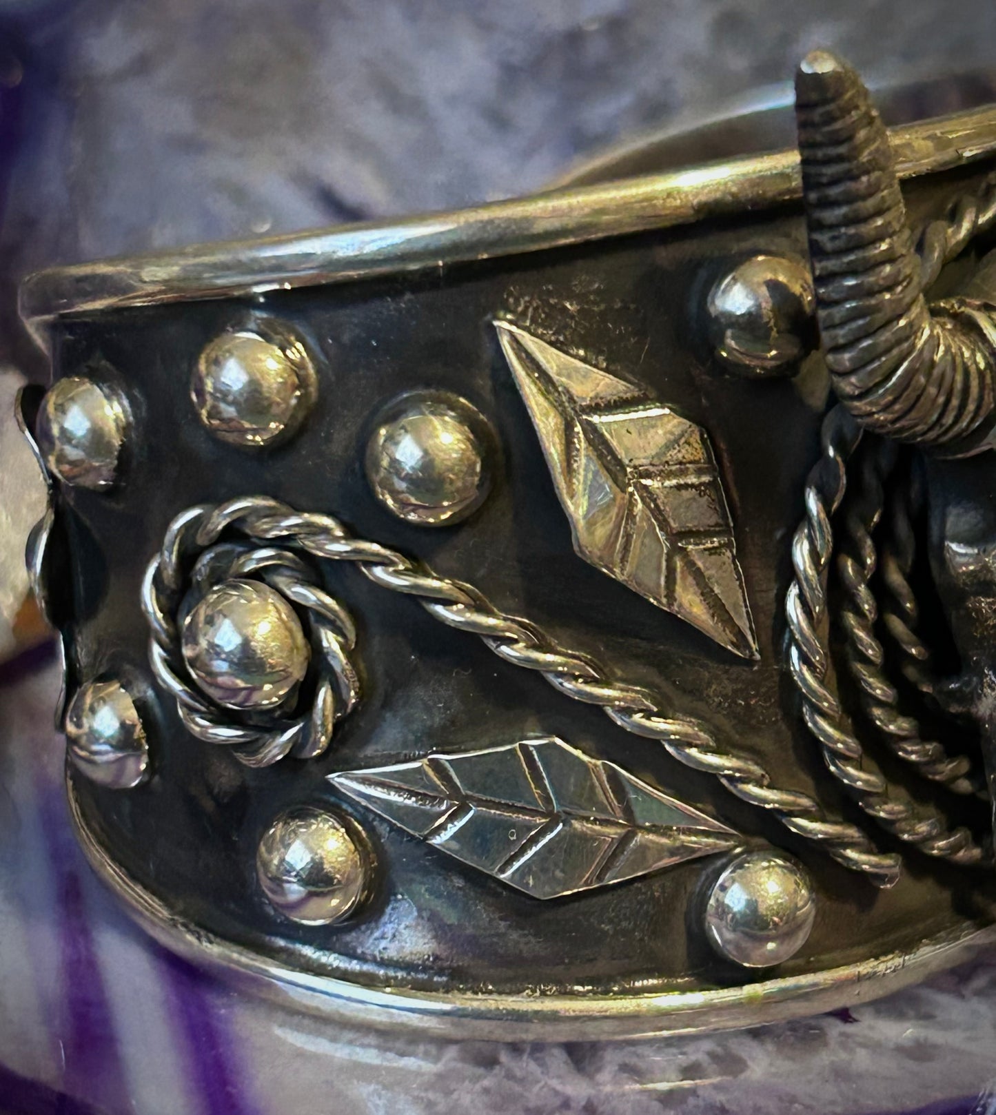 Taxco Mexico Sterling Silver Leaves & Bull Skull w/ Turquoise Statement Cuff Bracelet