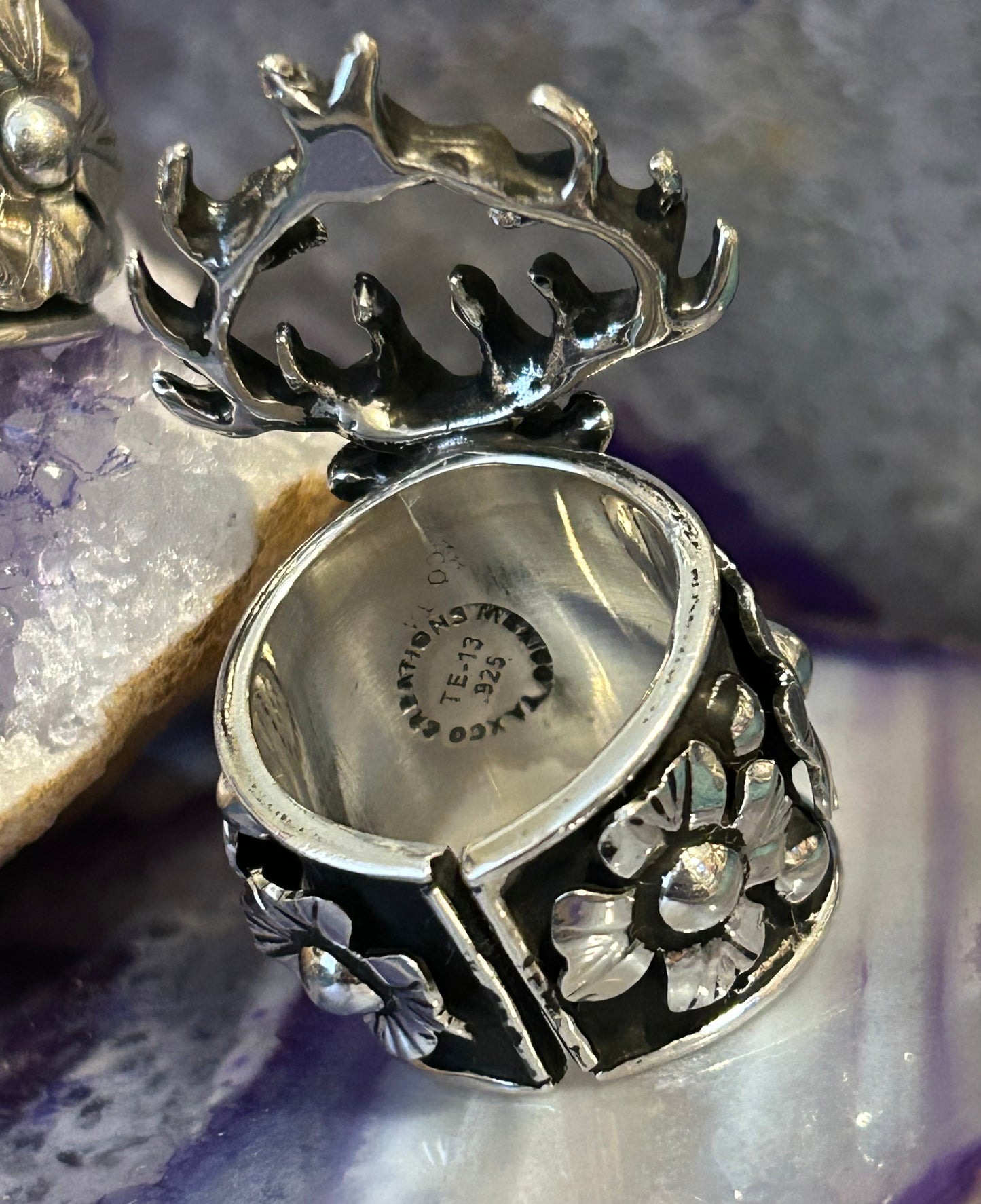 Sterling Silver Taxco Mexico Stag Deer & Flowers Statement Ring