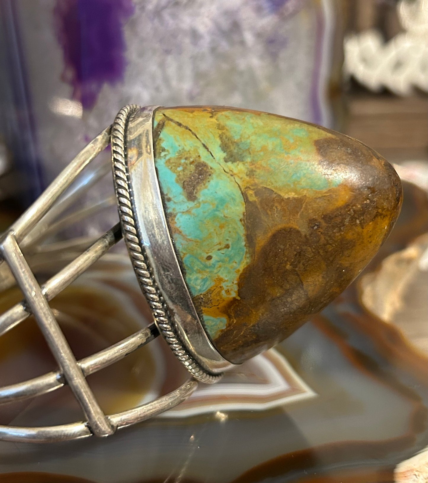 Sterling Silver 3D Horn Abstract Shape Natural Turquoise Cuff Bracelet