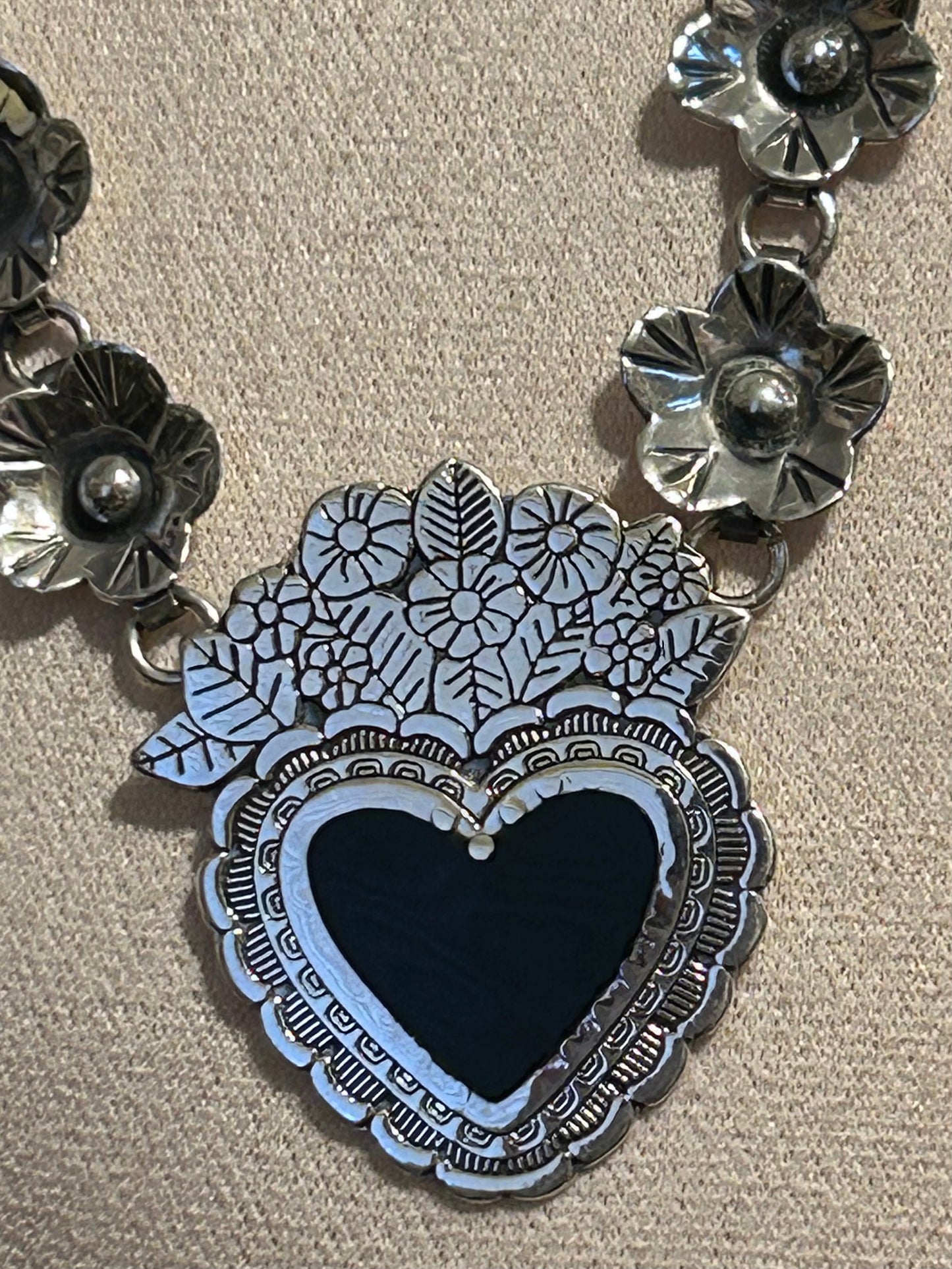 Sterling Silver 925 Made In Taxco Flower & Heart Link Necklace