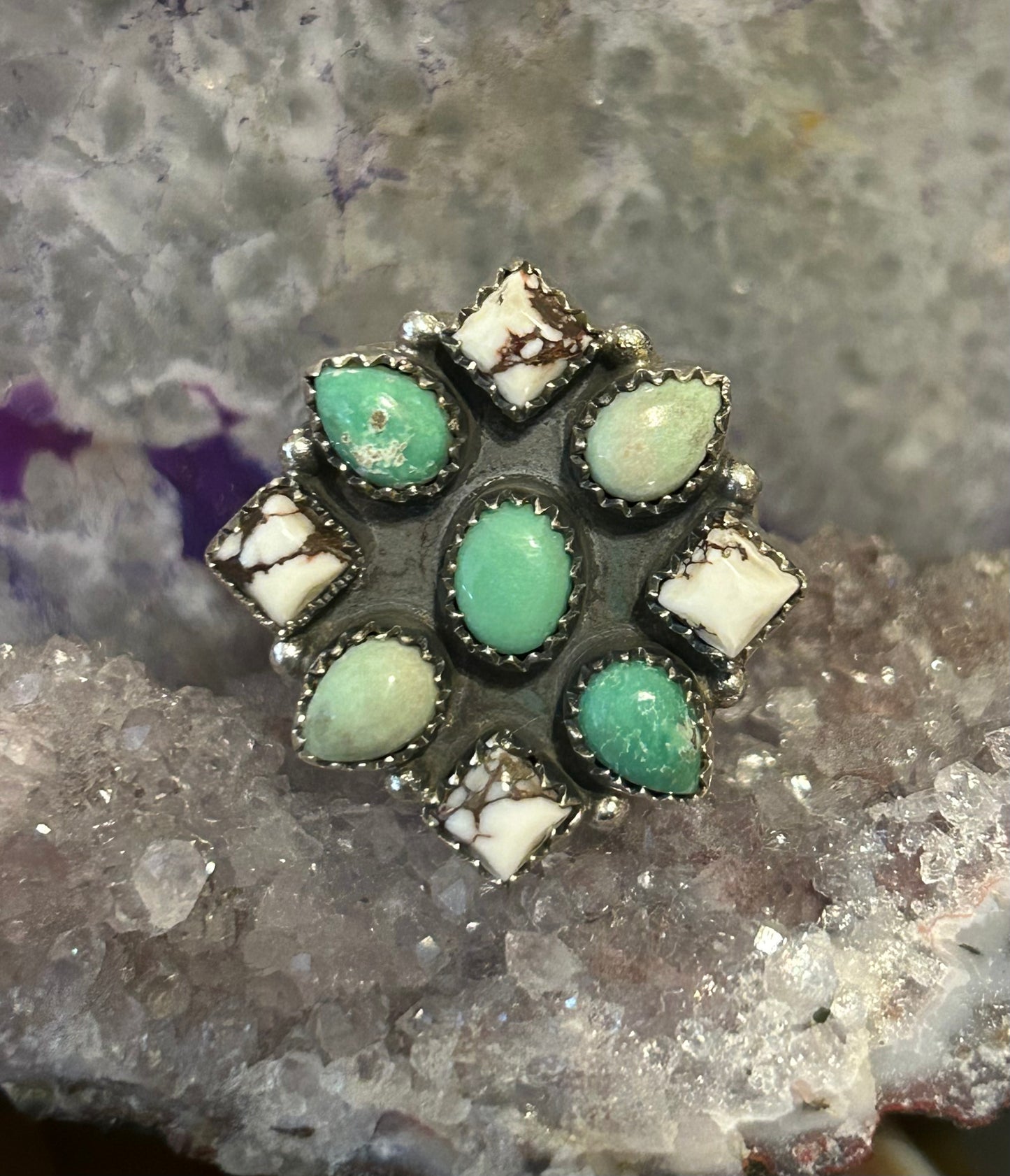 Sterling Silver Southwestern Turquoise & White Buffalo Ring Adjustable