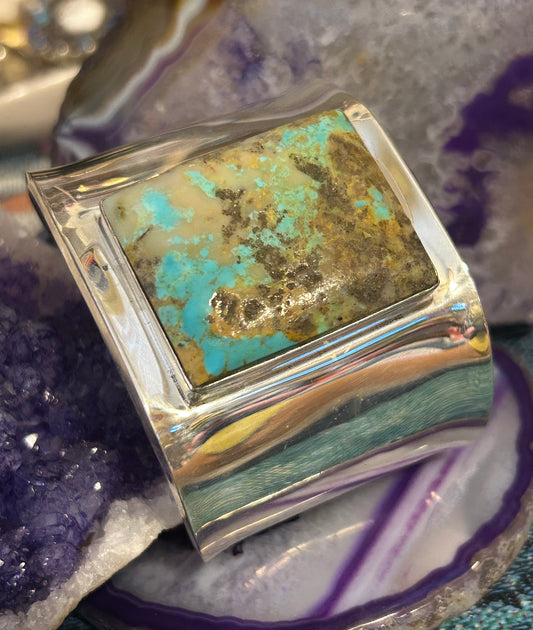 Sterling Silver Mexico Modernist Large Turquoise Statement Cuff Bracelet