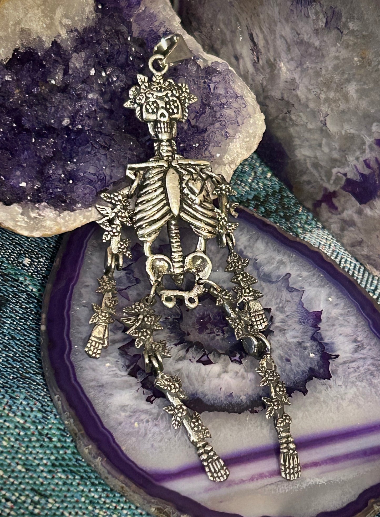 Sterling Silver Modern Taxco Mexico Articulated Catrina Skeleton Pendant