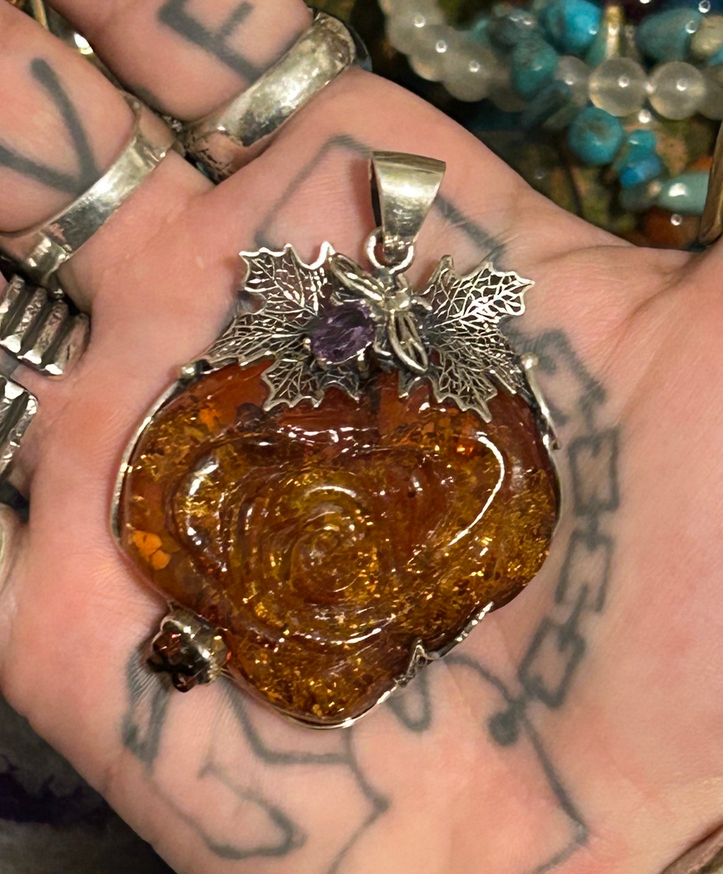 Sterling Silver & Baltic Amber Statement Large Handmade Rose Pendant