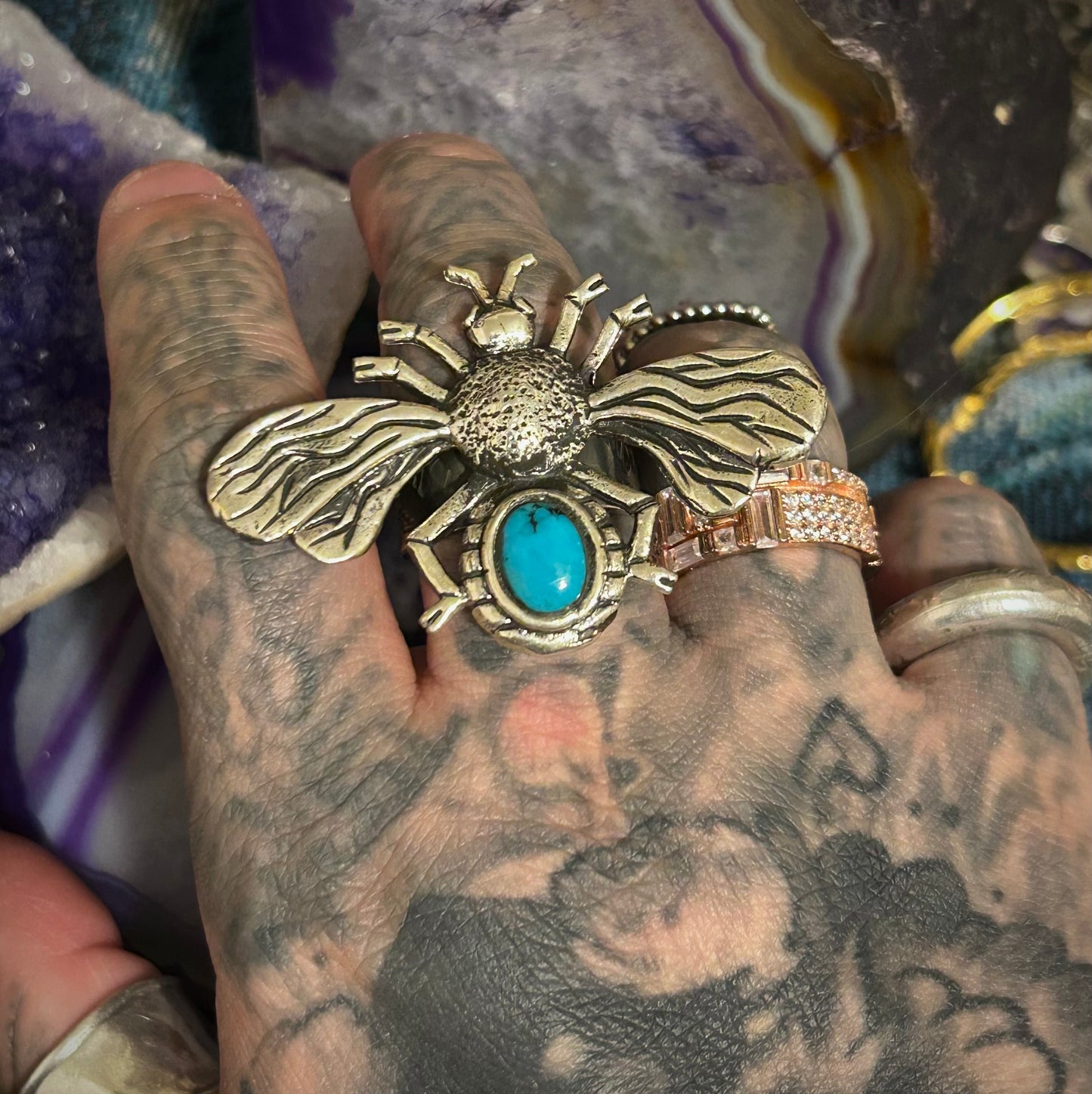 Sterling Silver Taxco Mexico Bee Insect Ring With Turquoise • Adjustable Size 7-9