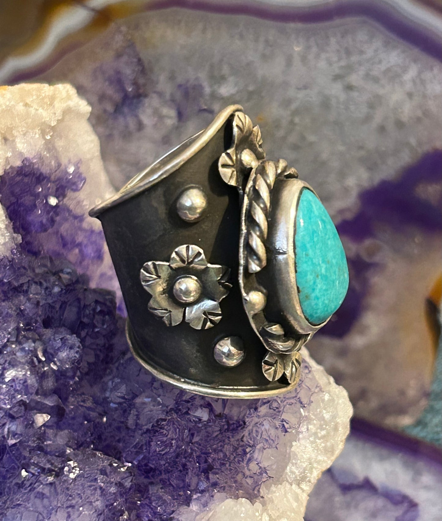 Sterling Silver Taxco Mexico Turquoise & Flowers Wide Band Statement Ring Sz 7