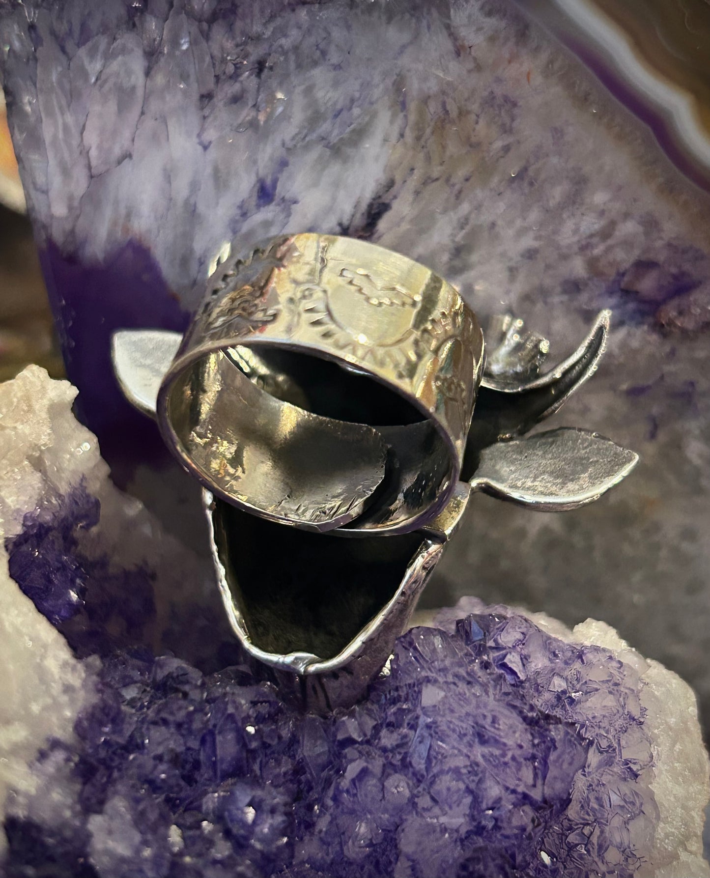 Sterling Silver Taxco Mexico Cow with Flower Crown Adjustable Statement Ring