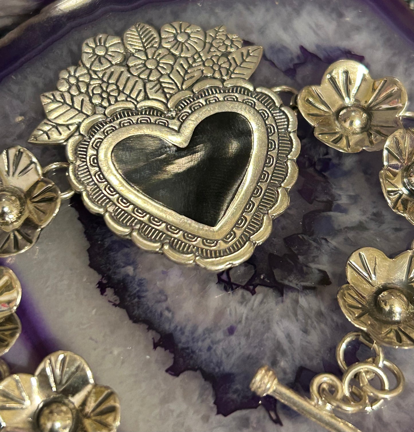 Sterling Silver Made In Taxco Flower & Heart Link Bracelet
