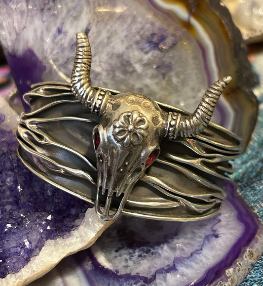Sterling Silver Taxco Mexico Long Horned Bull Skull Cuff