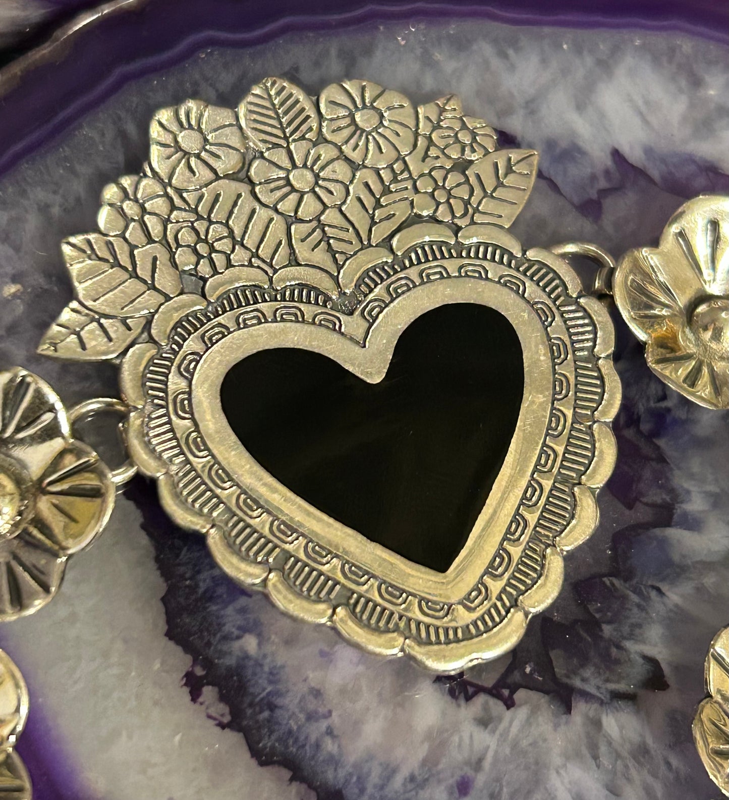 Sterling Silver Made In Taxco Flower & Heart Link Bracelet