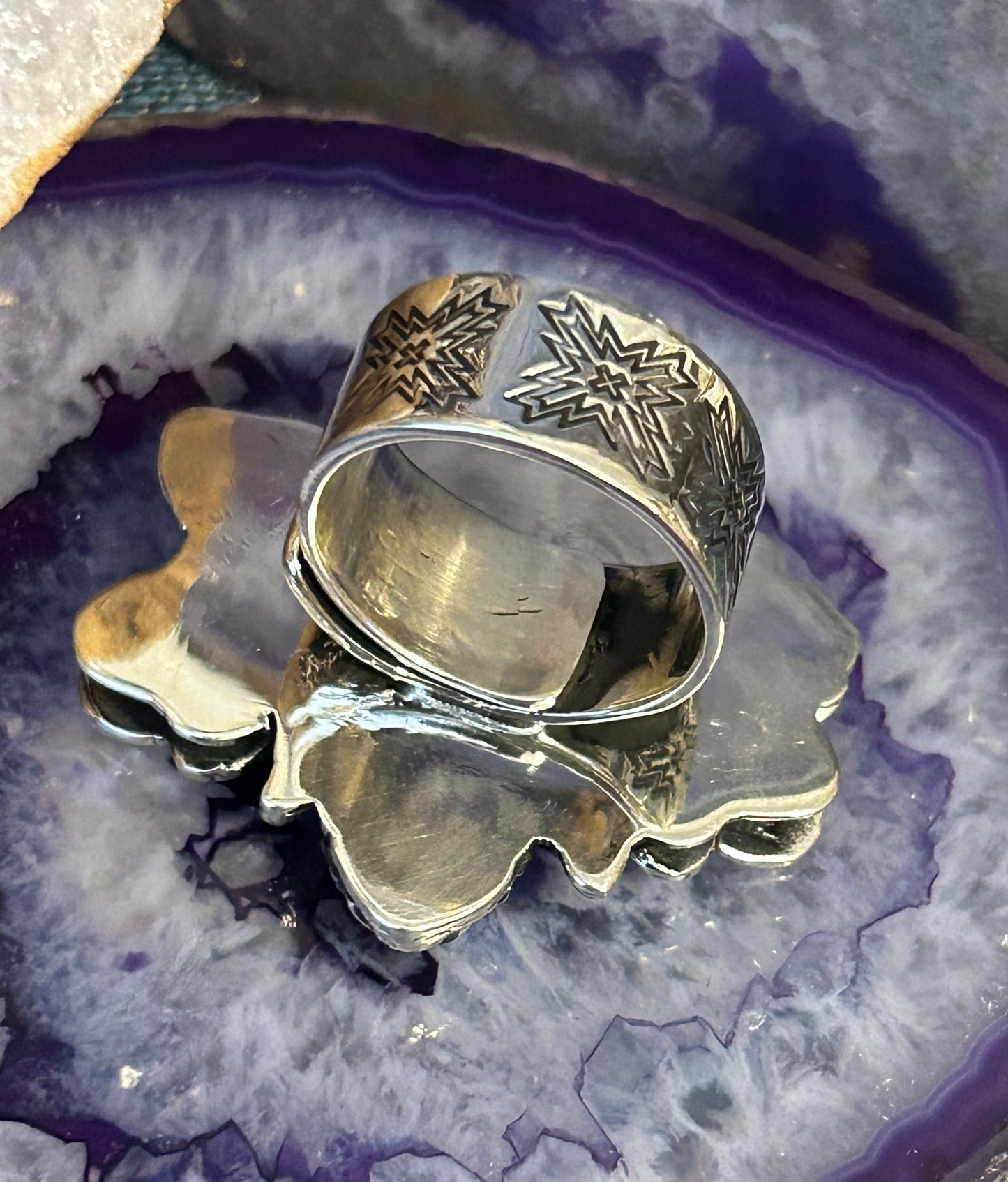 Sterling Silver Taxco Mexico Flower & Bee w/ Pink Zircon Heart Statement Ring