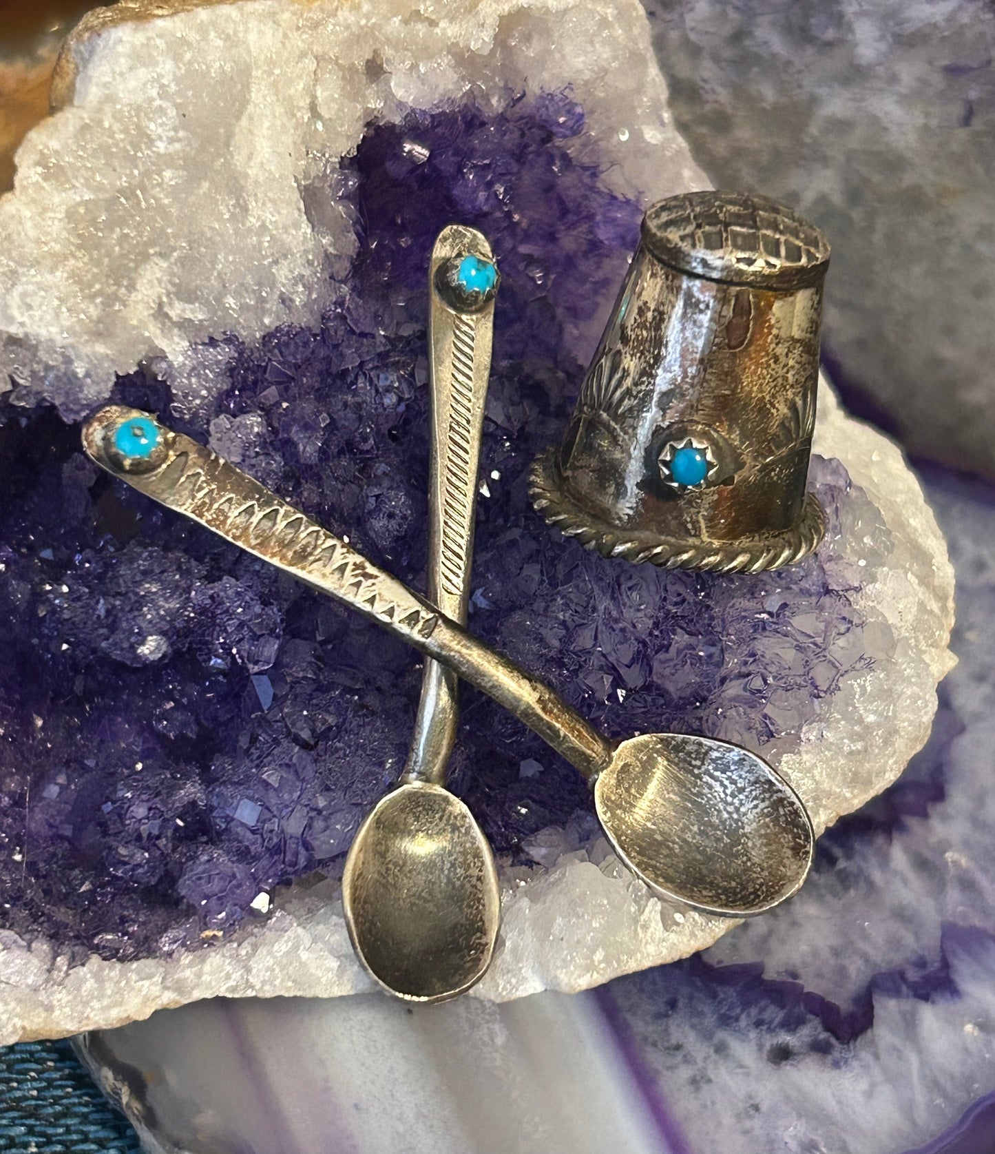 Vintage Sterling Silver Navajo Thimble & Mini Spoons w/ Turquoise