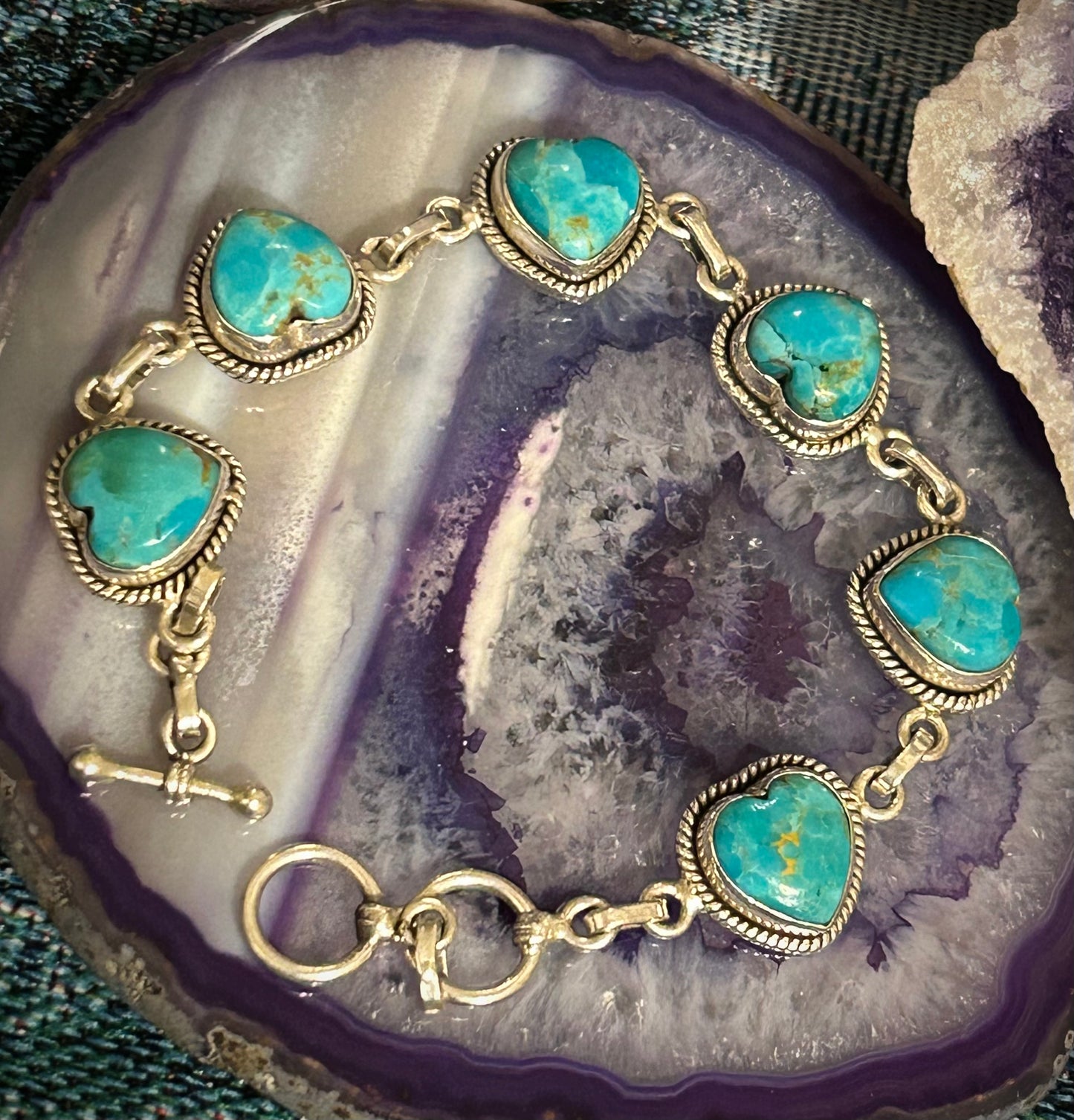 Sterling Silver & Turquoise Stone Heart Link Bracelet