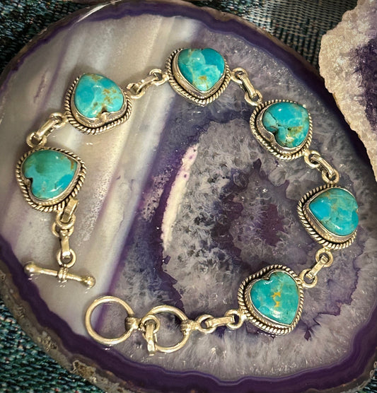 Sterling Silver & Turquoise Stone Heart Link Bracelet
