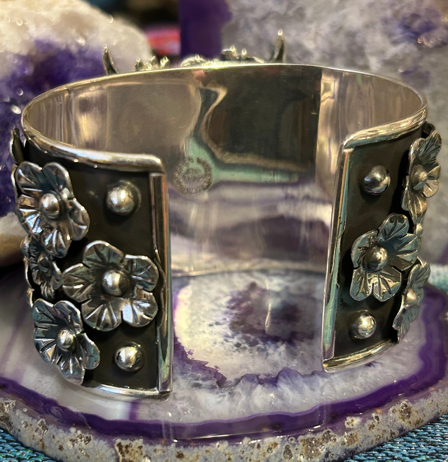 Taxco Mexico Sterling Silver Flower & Bull Skull Statement Cuff Bracelet