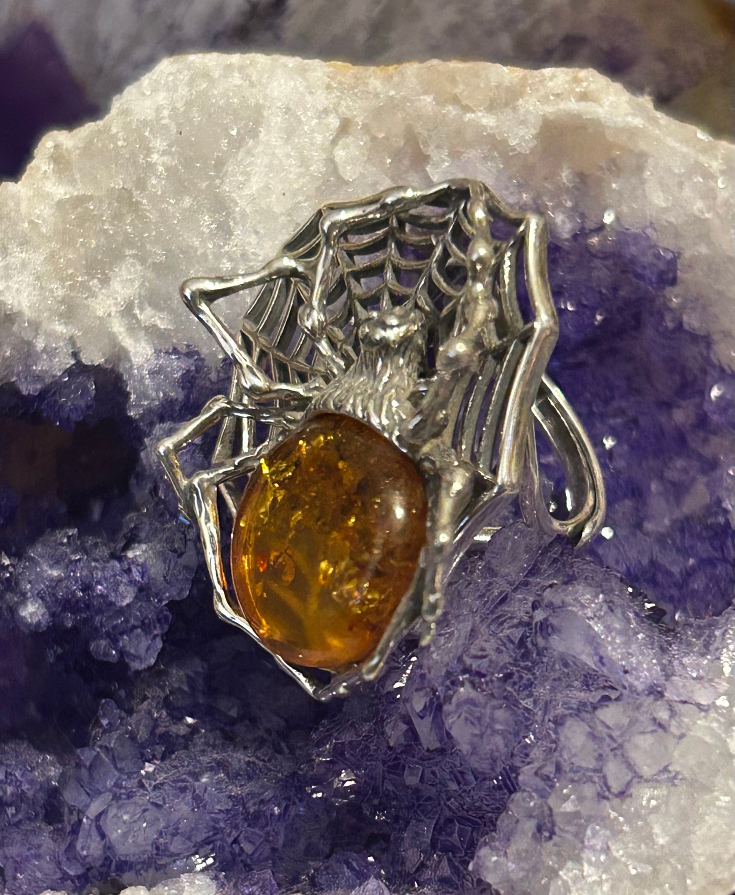 Sterling Silver Spider & Web Ring w/ Large Natural Amber Stone • Adjustable