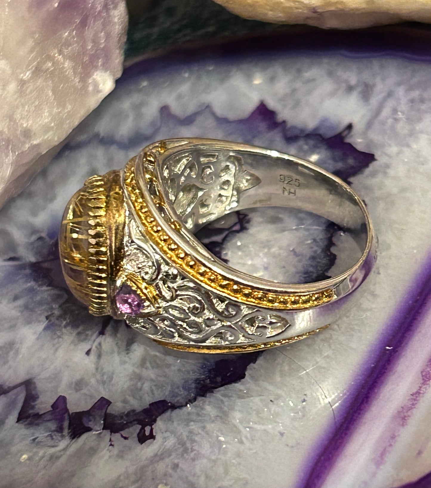 Sterling Silver NH Designer Purple Golden Rutilated Quartz & Amethyst Ring Size 11