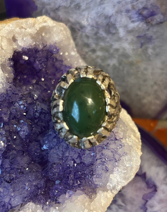 Vintage Sterling Silver Natural Green Jade? Stone Brutalist Abstract Ring Size 7