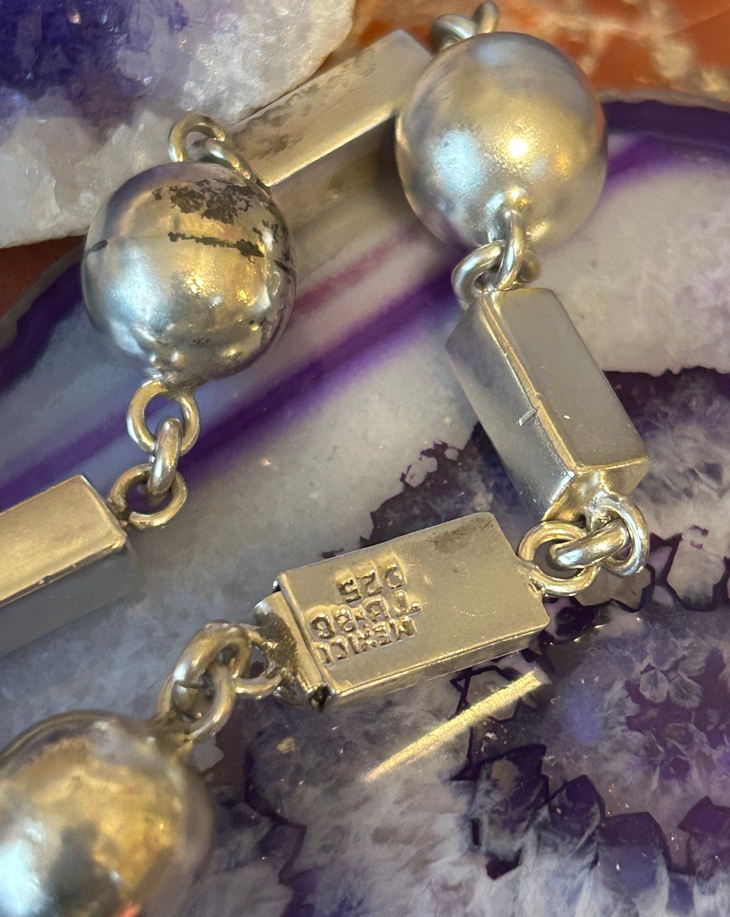 Vintage Taxco Mexico Sterling Silver Chunky Bar & Ball Link Bracelet