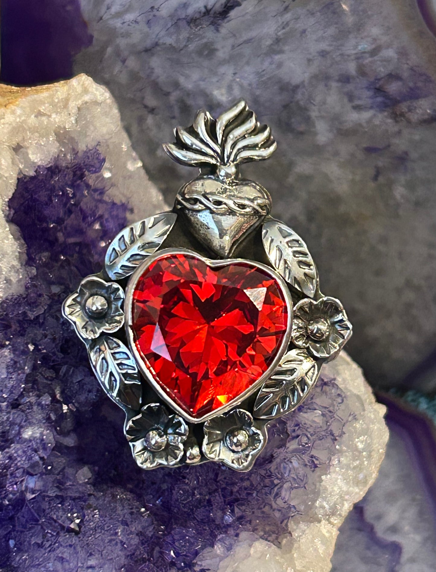 Taxco Mexico 950 Silver Red Zircon Sacred Heart & Flowers Ring Adjustable