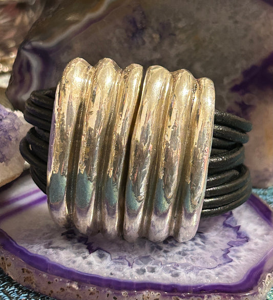 Vintage Chunky Electroformed Sterling Silver & Leather Modernist Bracelet