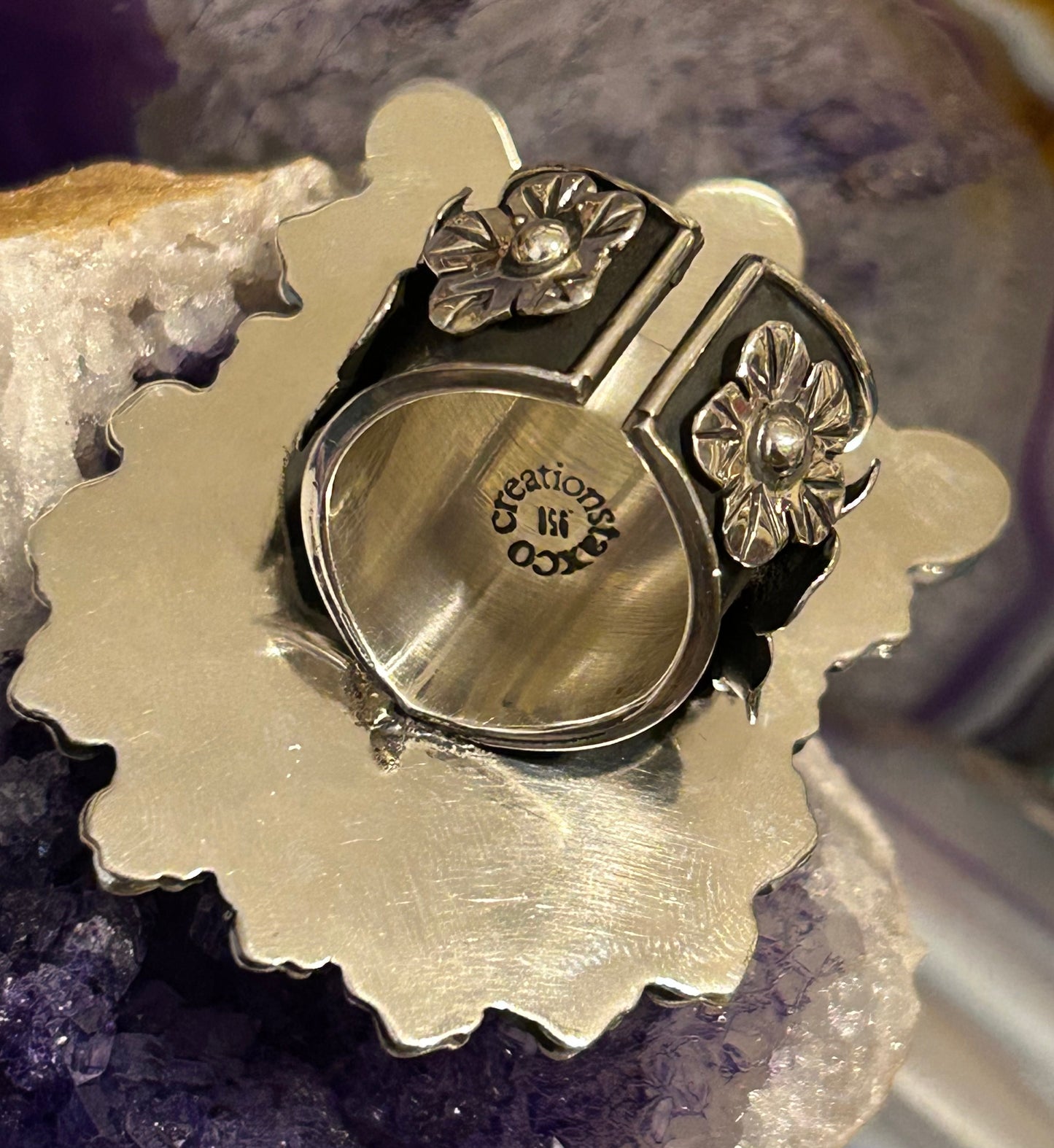 950 Silver Taxco Mexico Large Spider W/ Labradorite & Flowers Sz 7-8.5