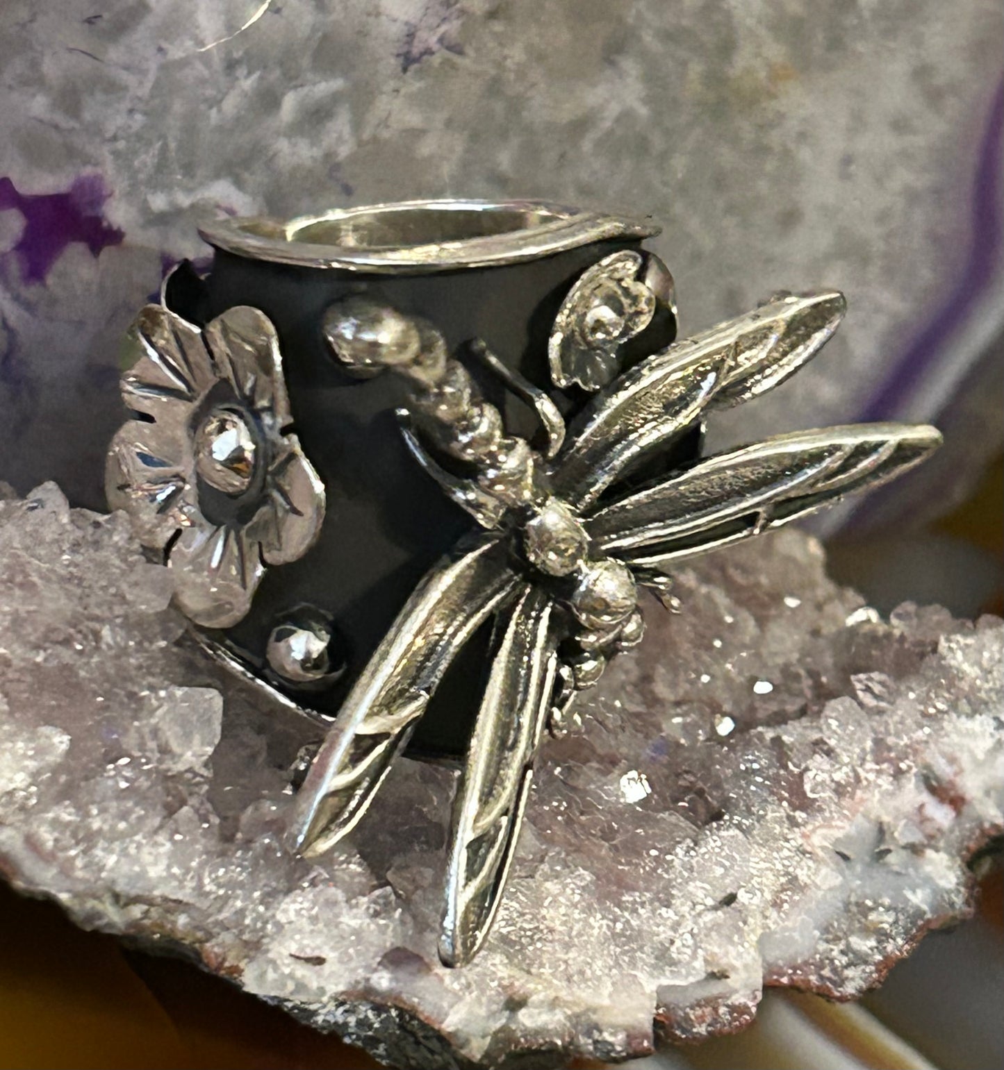 Sterling Silver Taxco Mexico Dragonfly And Flower Statement Ring