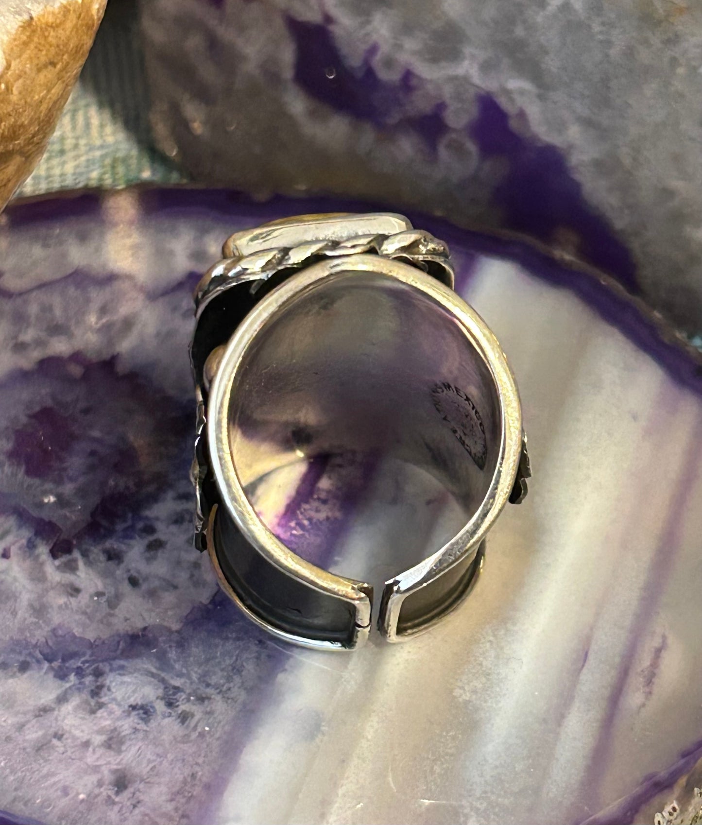Sterling Silver Taxco Mexico Large Bumblebee Jasper & Flower Wide Ring Size 7-9