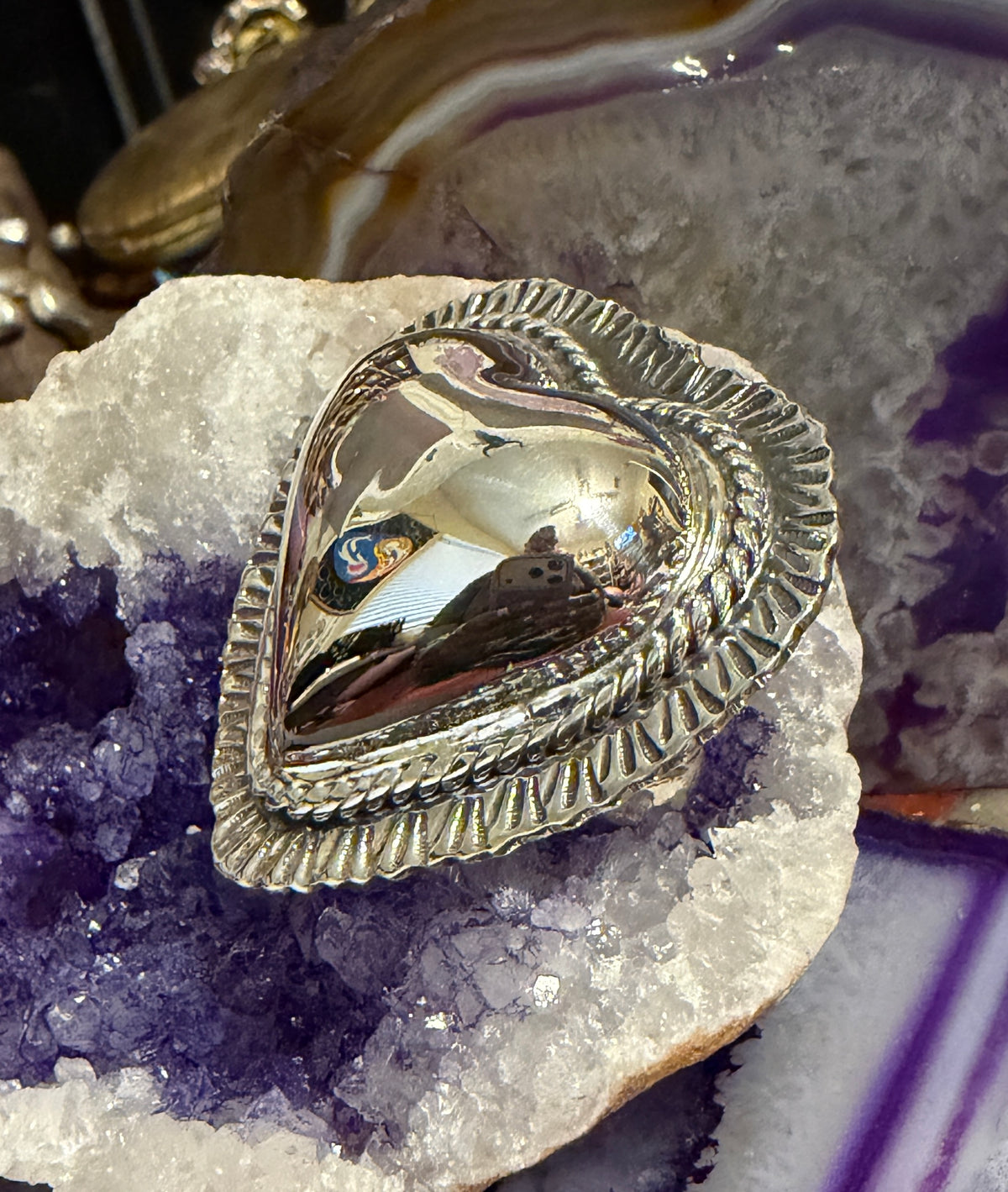 Sterling Silver Modern Taxco Mexico Statement Puffy Heart Ring Adjustable