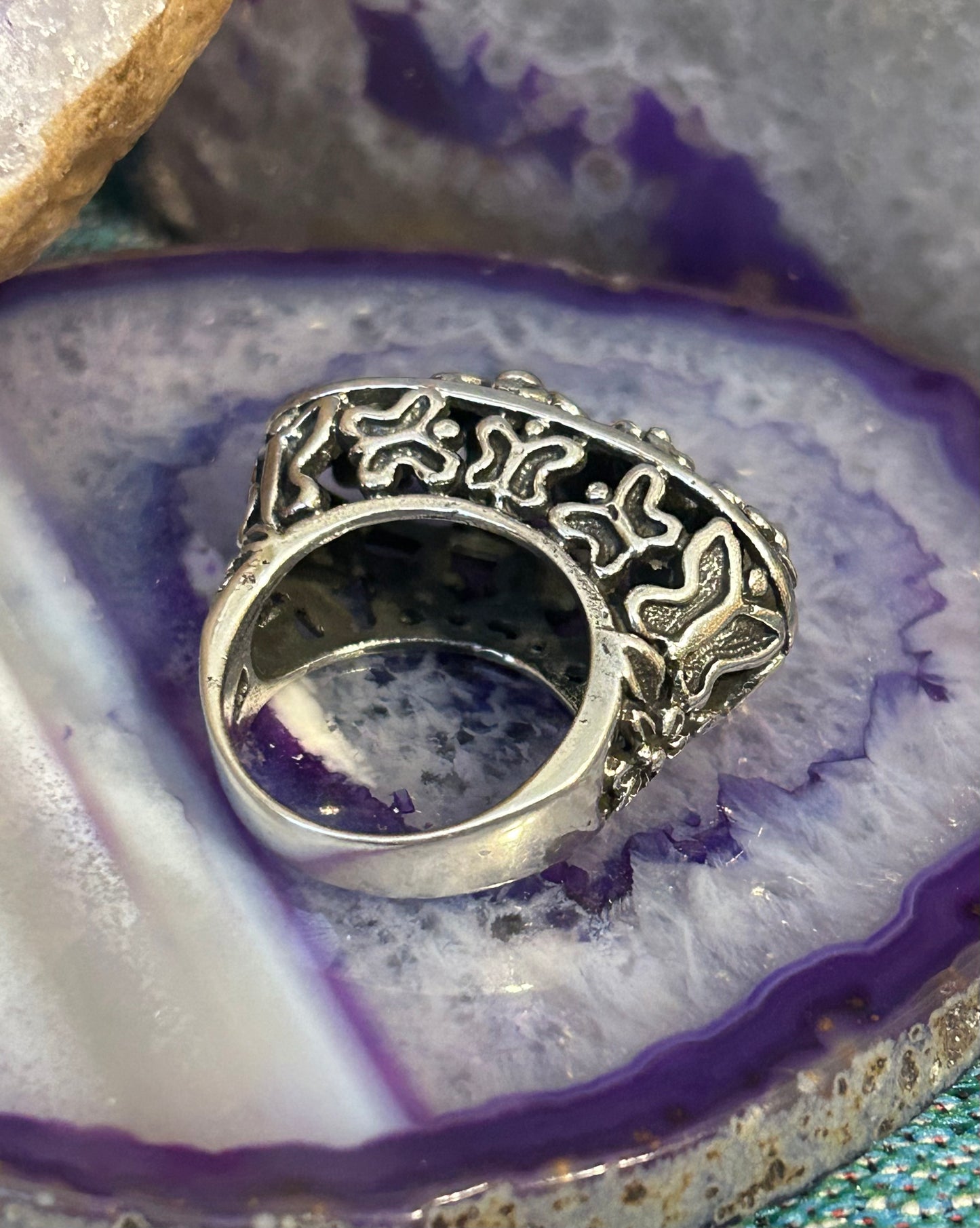 Sterling Silver Taxco Mexico Signet Style Flowers & Butterflies Ring • Size 9