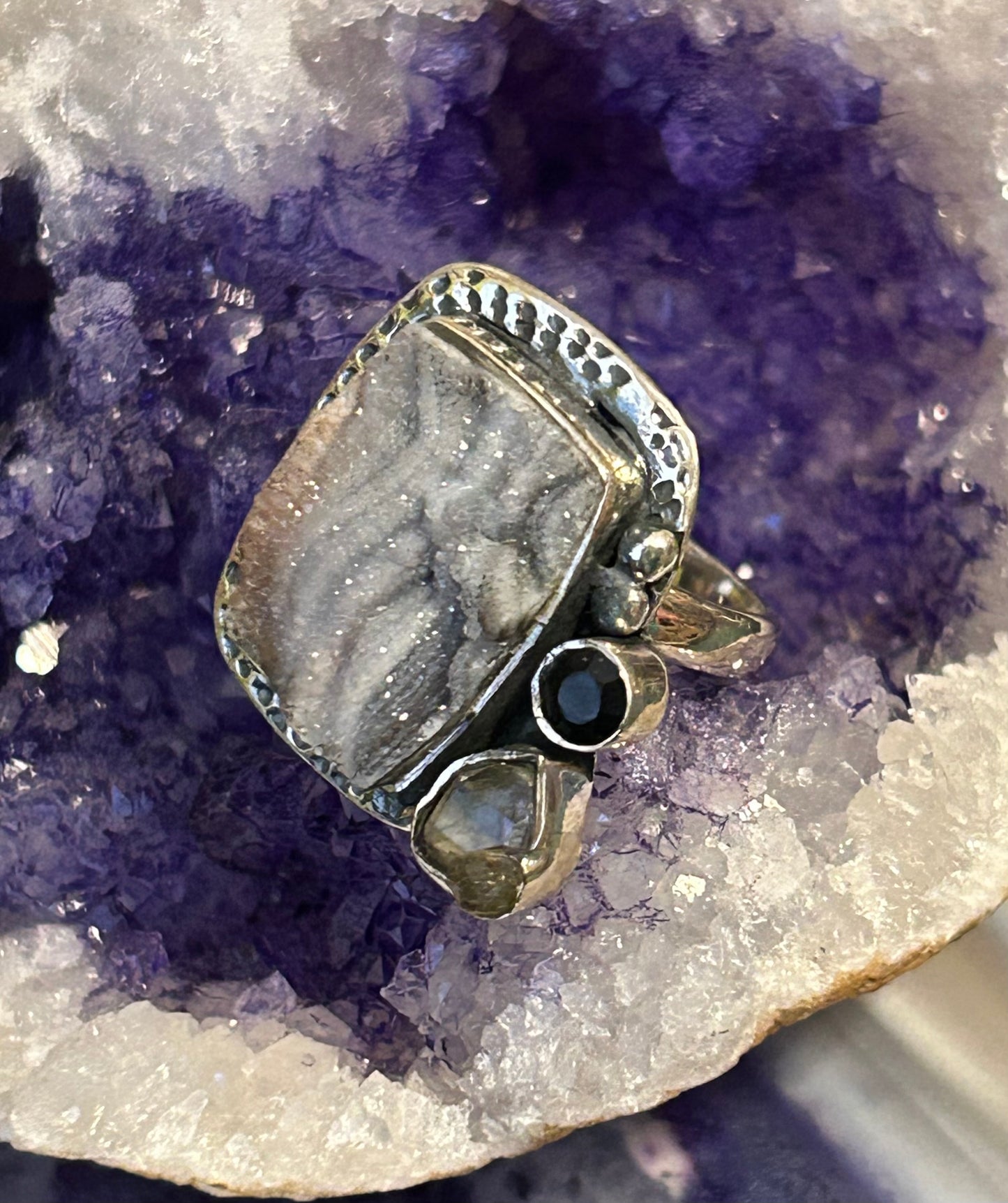 Sterling Silver 925 Druzy, Smokey Quartz, And Labradorite Adjustable Ring