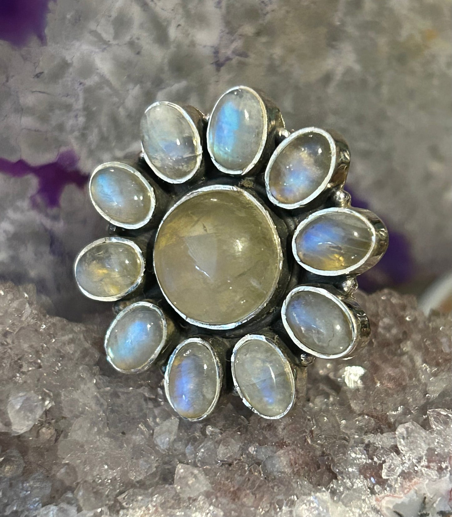 Sterling Silver Yellow Moonstone Round Circle Flower Ring Size 6.5