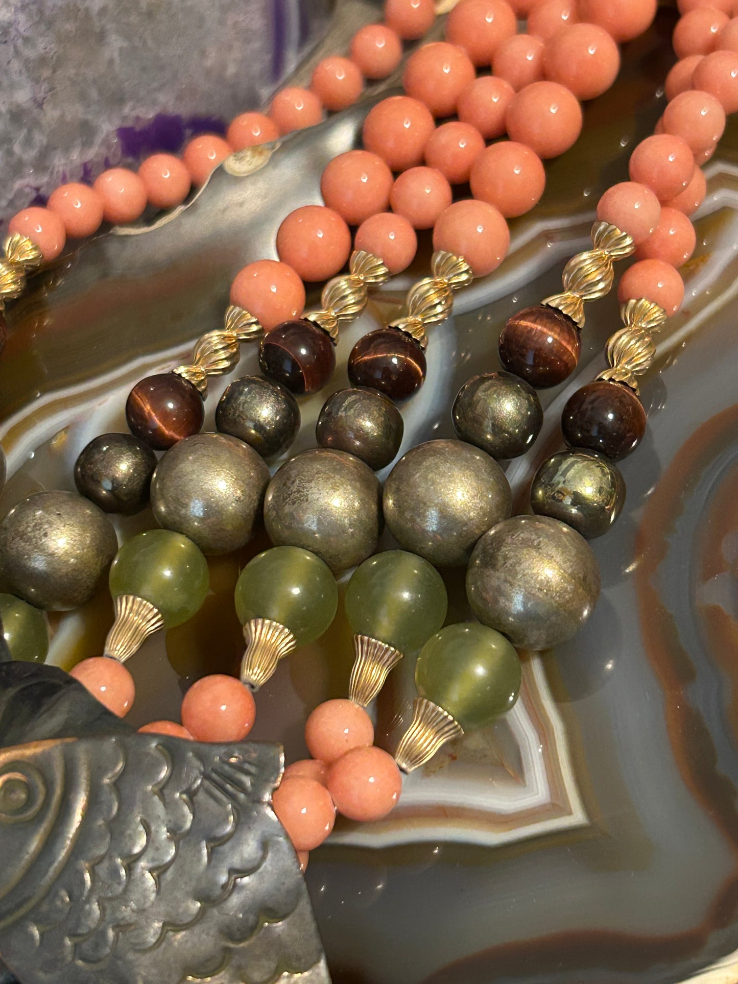 Vintage Rosemary G Ro-Do Multi-layer Beaded Necklace With Fish, Pink, Green Etc