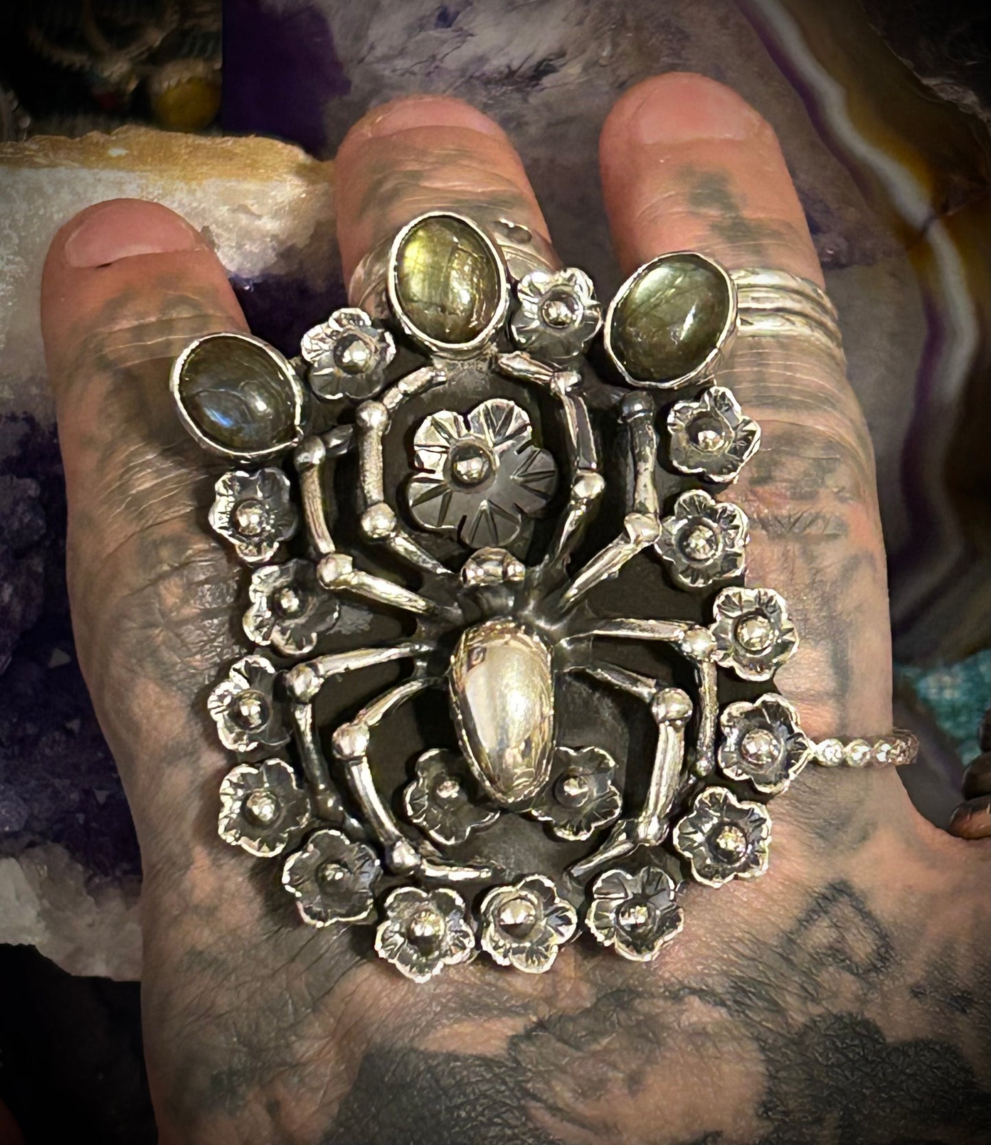950 Silver Taxco Mexico Large Spider W/ Labradorite & Flowers Sz 7-8.5
