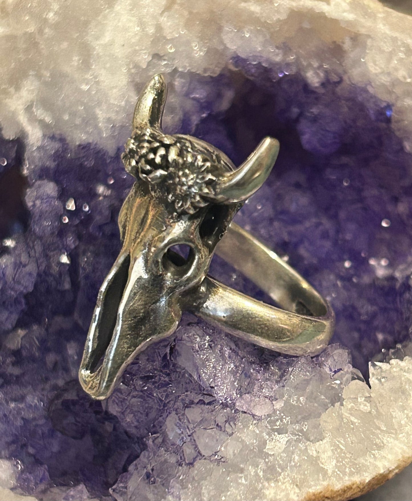 Sterling Silver Modern Taxco Bull/Cow Skull w/ Flower Crown Ring