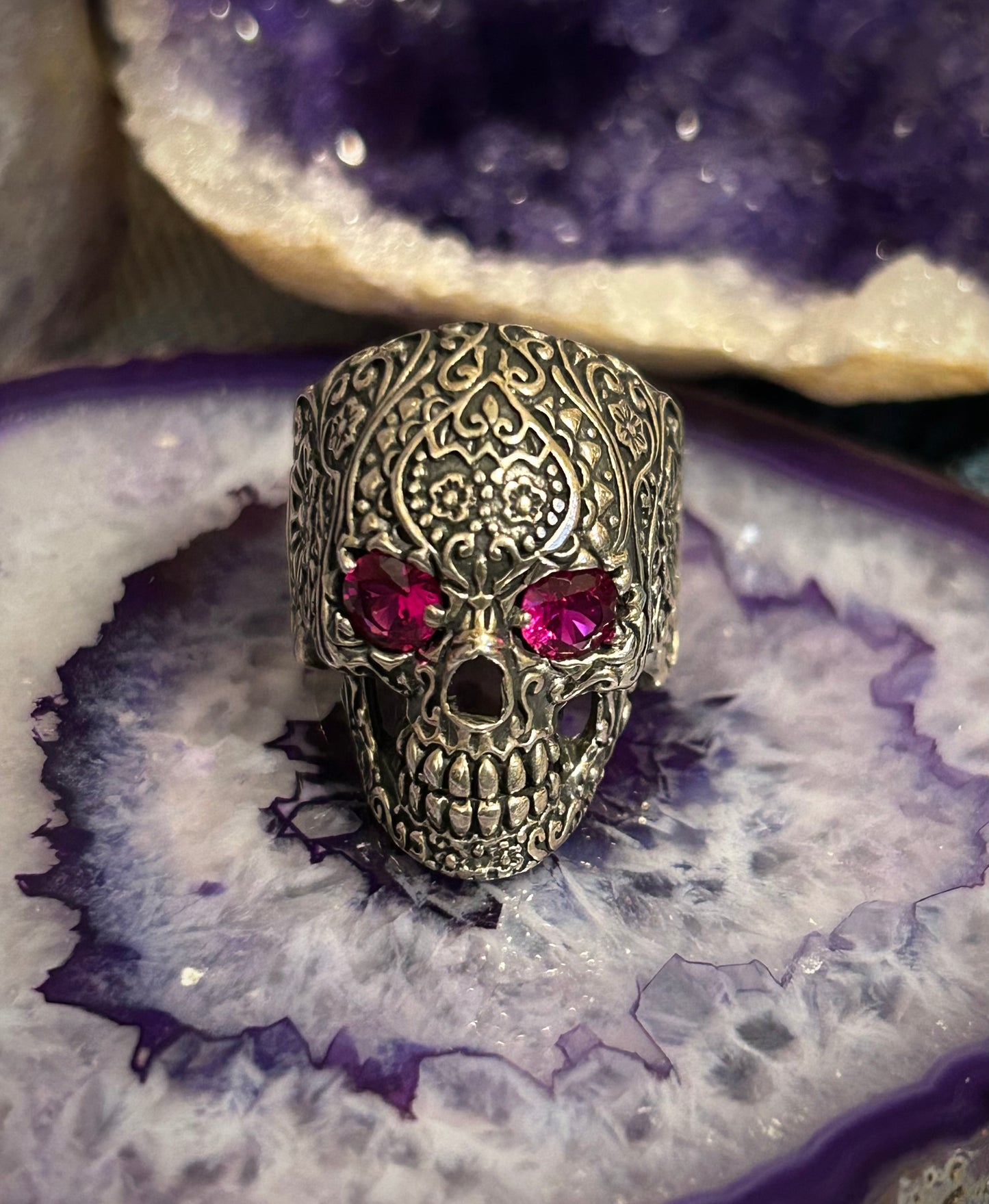 Sterling Silver Sugar Skull With Ruby Eyes Large Skull Ring Size 9