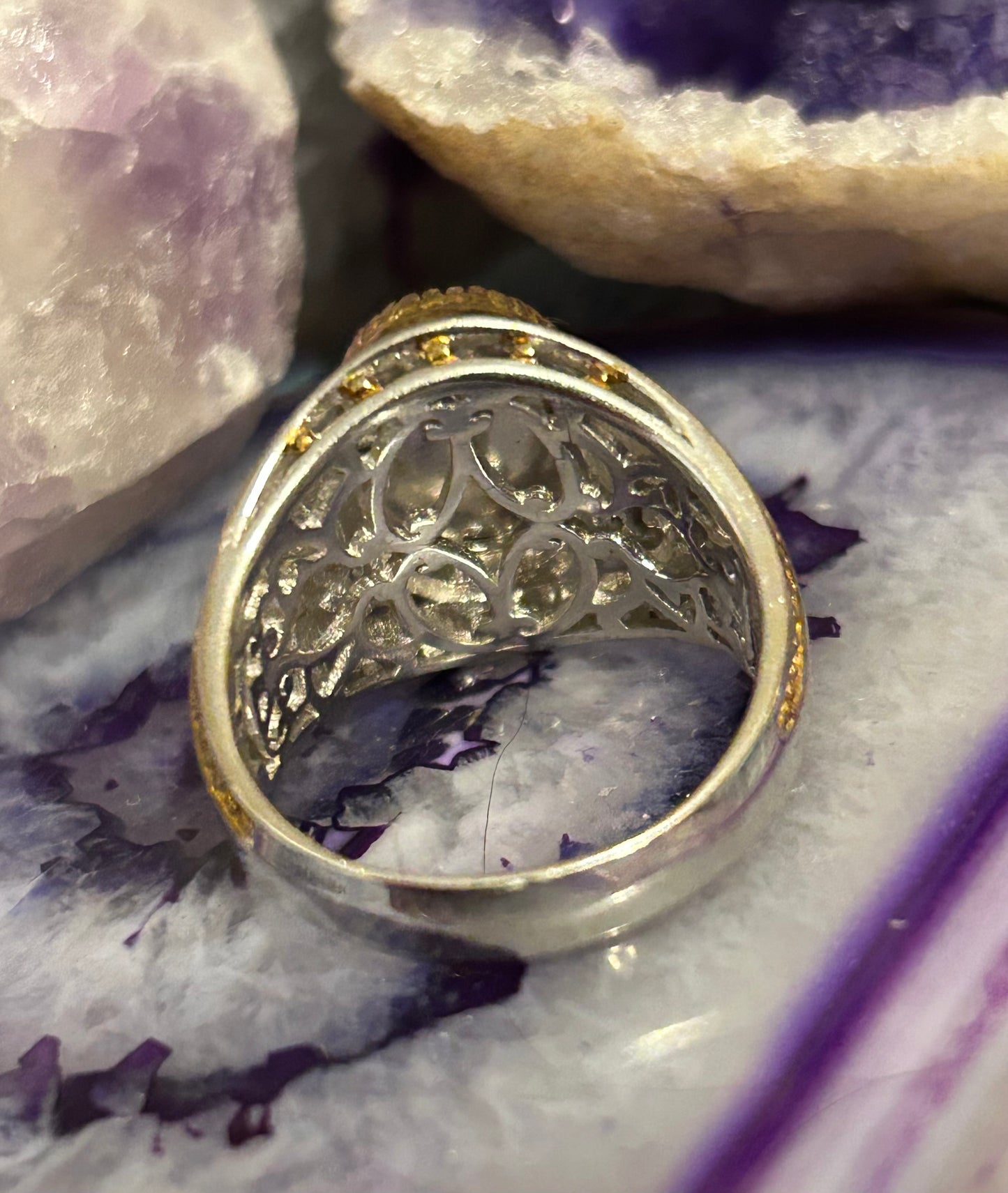 Sterling Silver NH Designer Purple Golden Rutilated Quartz & Amethyst Ring Size 11