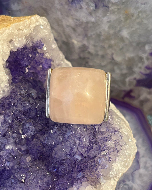 Vintage Sterling Silver Chunky Rose Quartz Modernist Ring Size 5